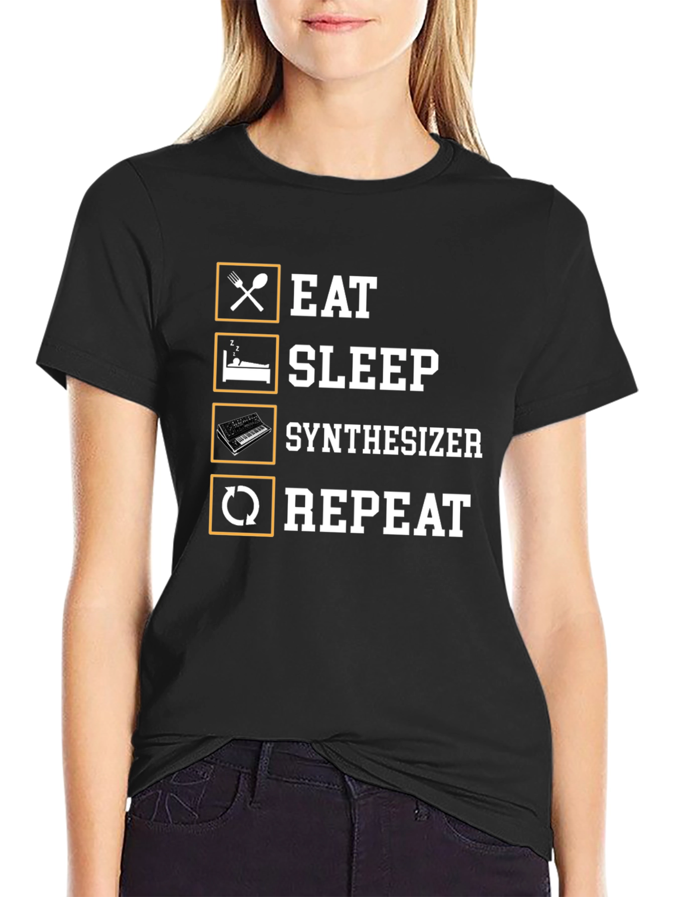 Black Eat Sleep Synthesizer Repeat Black T-Shirt view 2