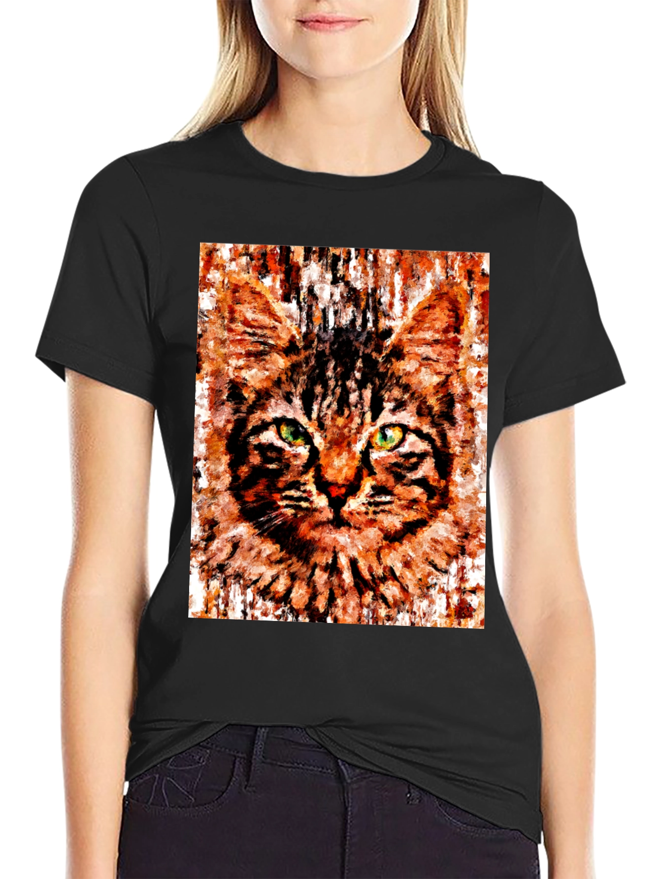 Black Abstract Cat Portrait Graphic T-Shirt view 2