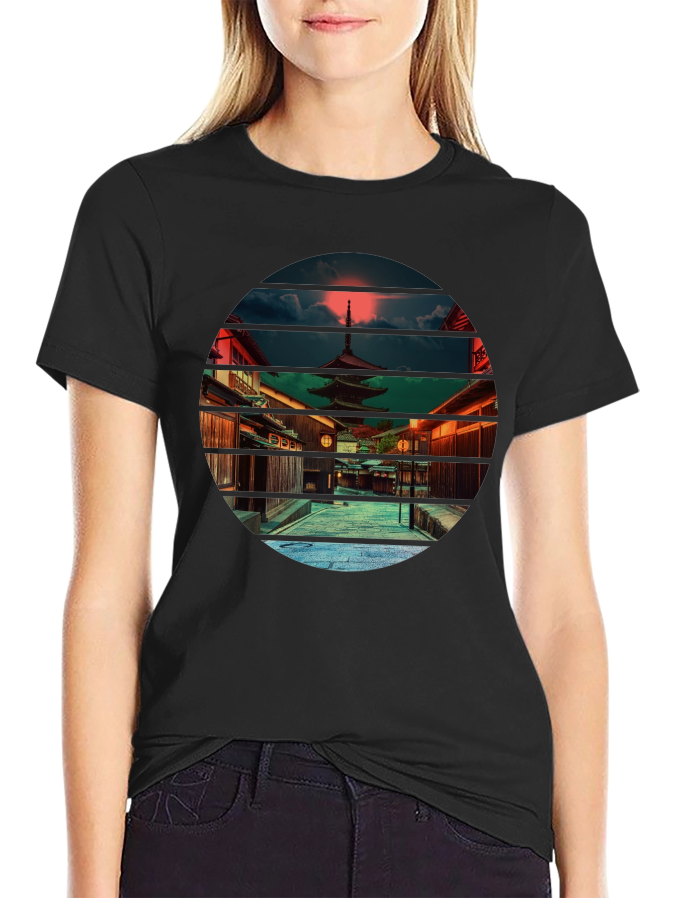 Black Japanese Temple Sunset Black T-Shirt view 2