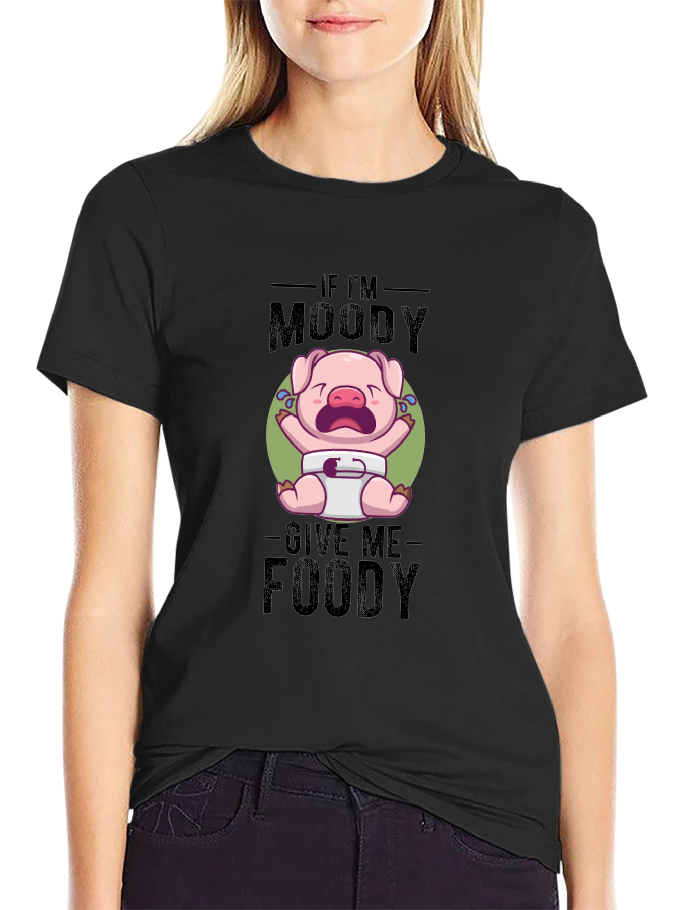 Black Moody Piglet T-Shirt - Foodie Humor Tee view 2