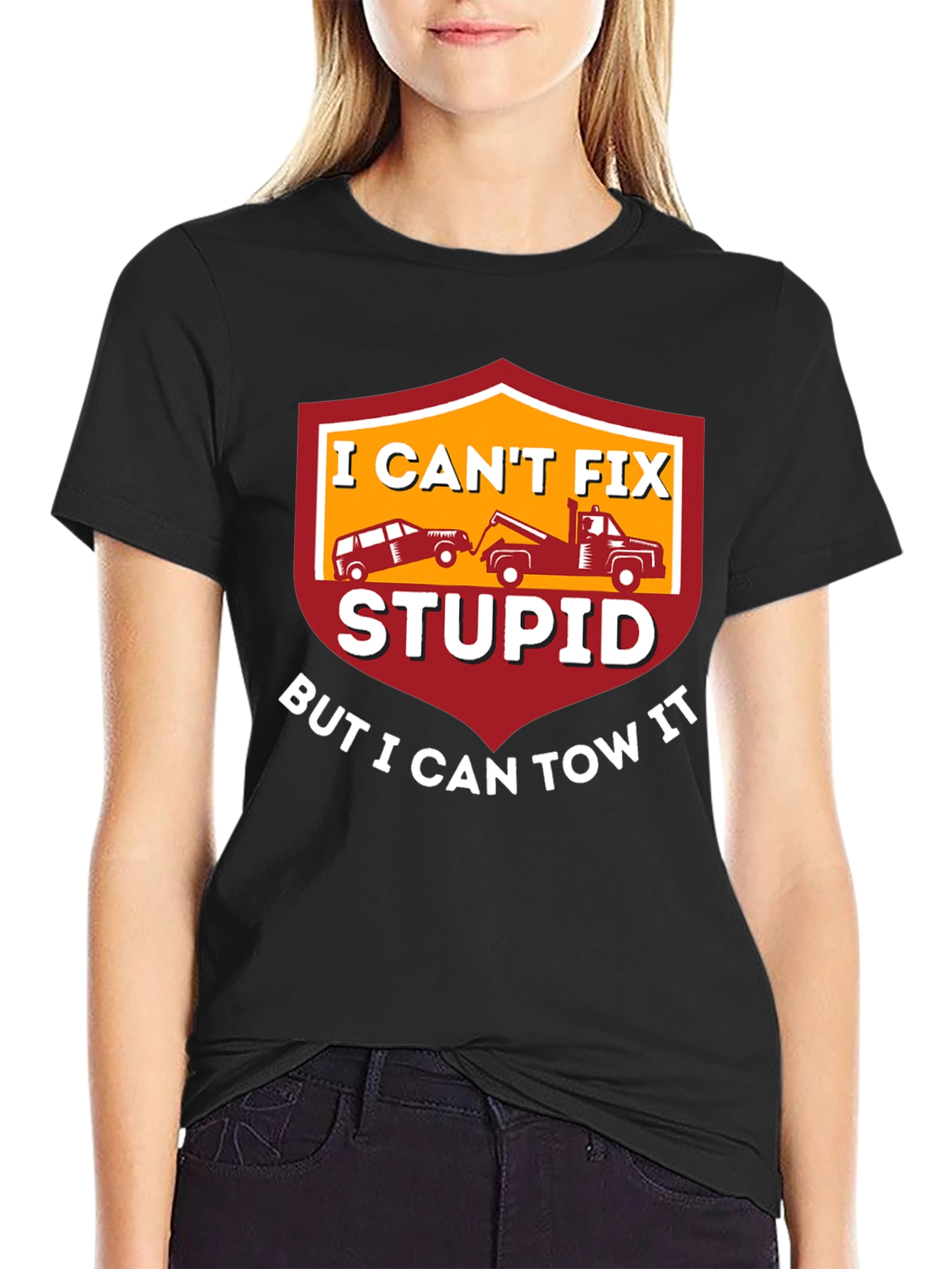 Black I Can't Fix Stupid Tow Truck T-Shirt view 2