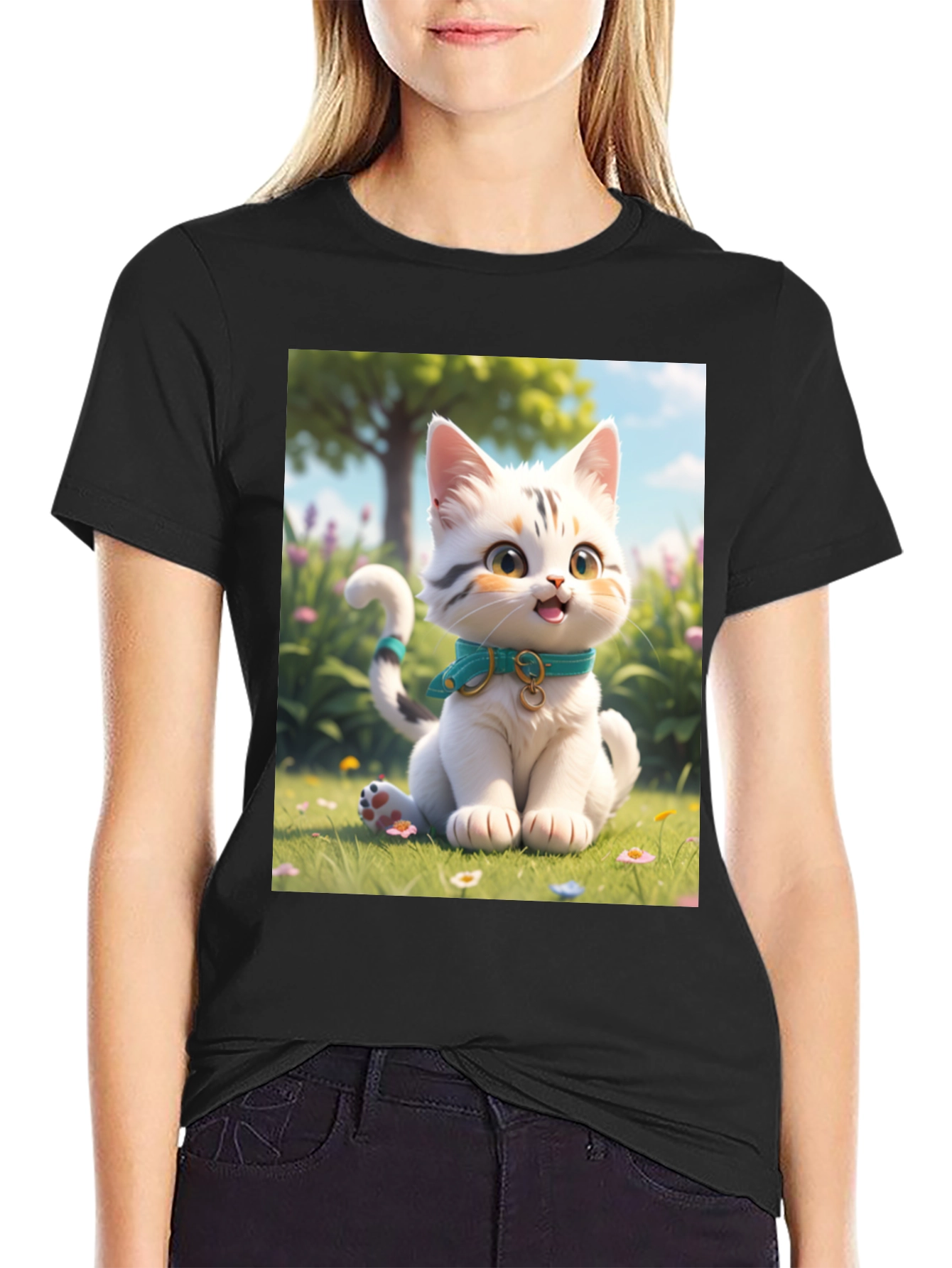 Black Cute Cartoon Cat T-Shirt view 2