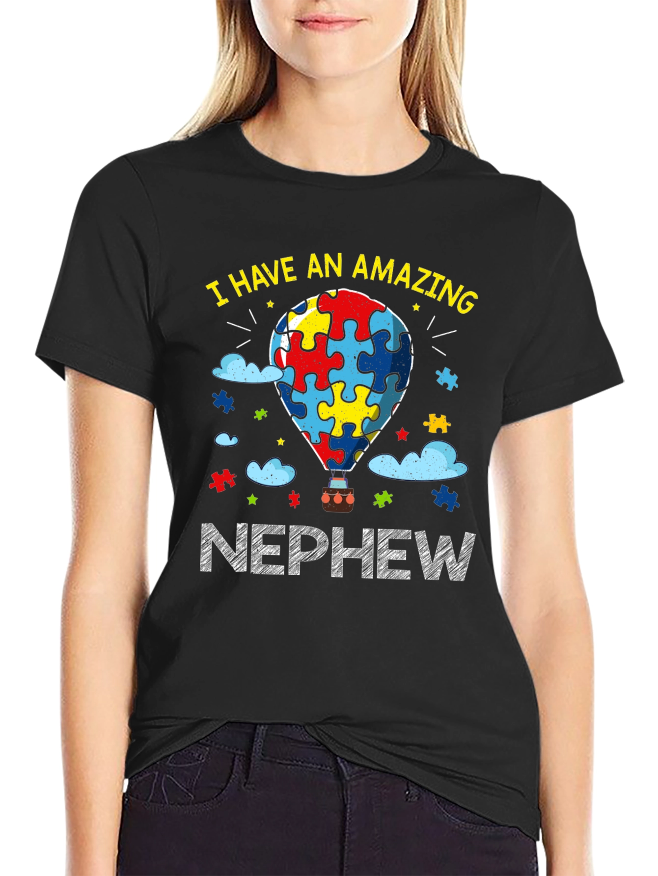 Black Amazing Nephew Autism Awareness T-Shirt view 2