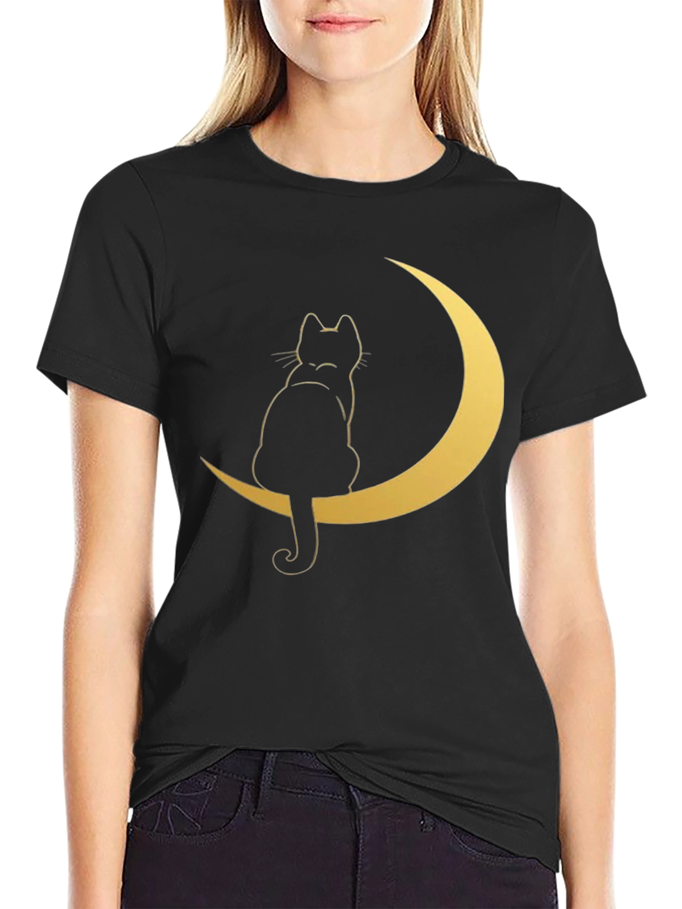 Black Cat on Moon Graphic Tee - Stylish Black T-Shirt view 2