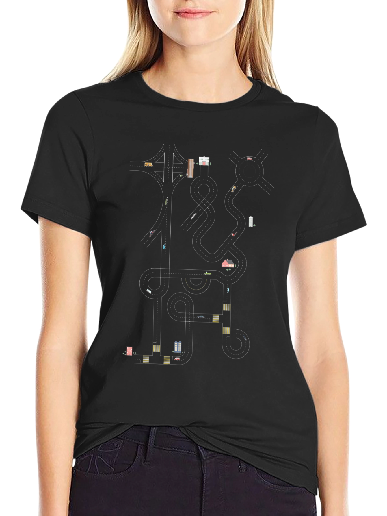Black Urban Road Map Graphic T-Shirt view 2
