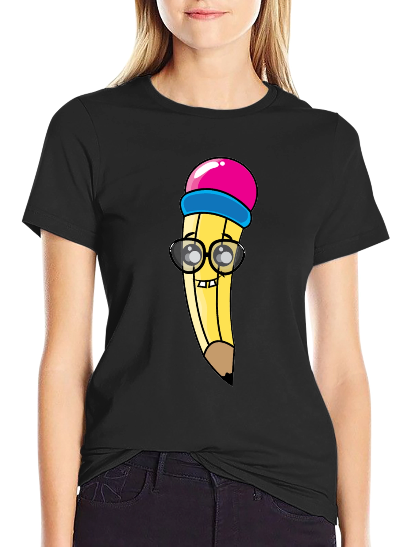 Black Cartoon Pencil Graphic Tee - Black Cotton Blend view 2