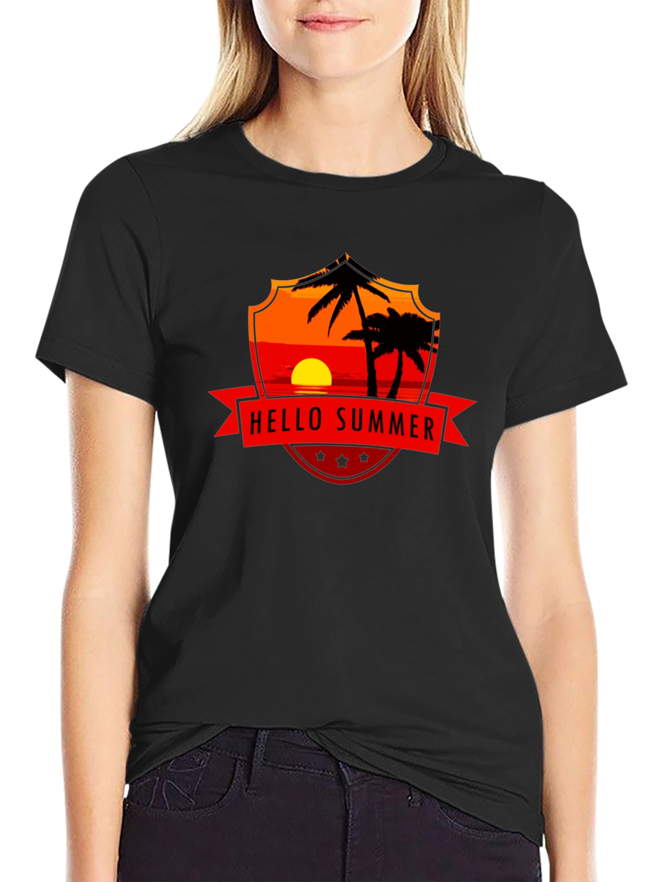 Black Hello Summer Graphic Tee - Black Cotton T-Shirt view 2