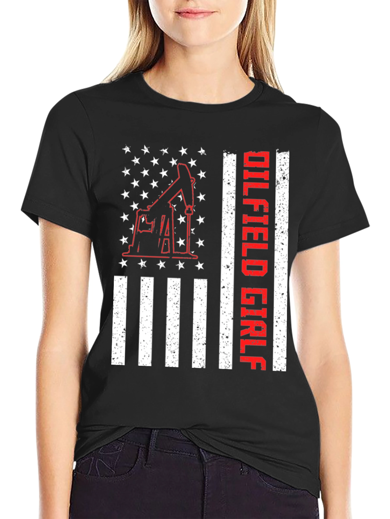 Black Oilfield Girl T-Shirt - American Flag Design view 2
