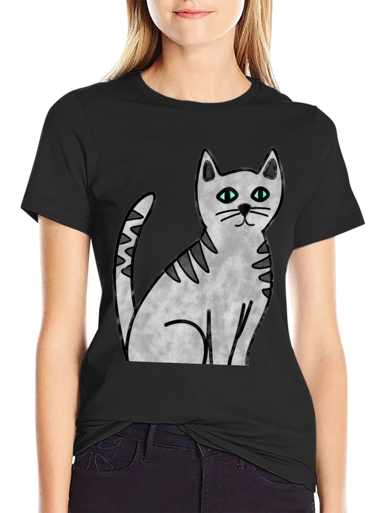 Black Cute Cat Graphic Print Black T-Shirt view 2