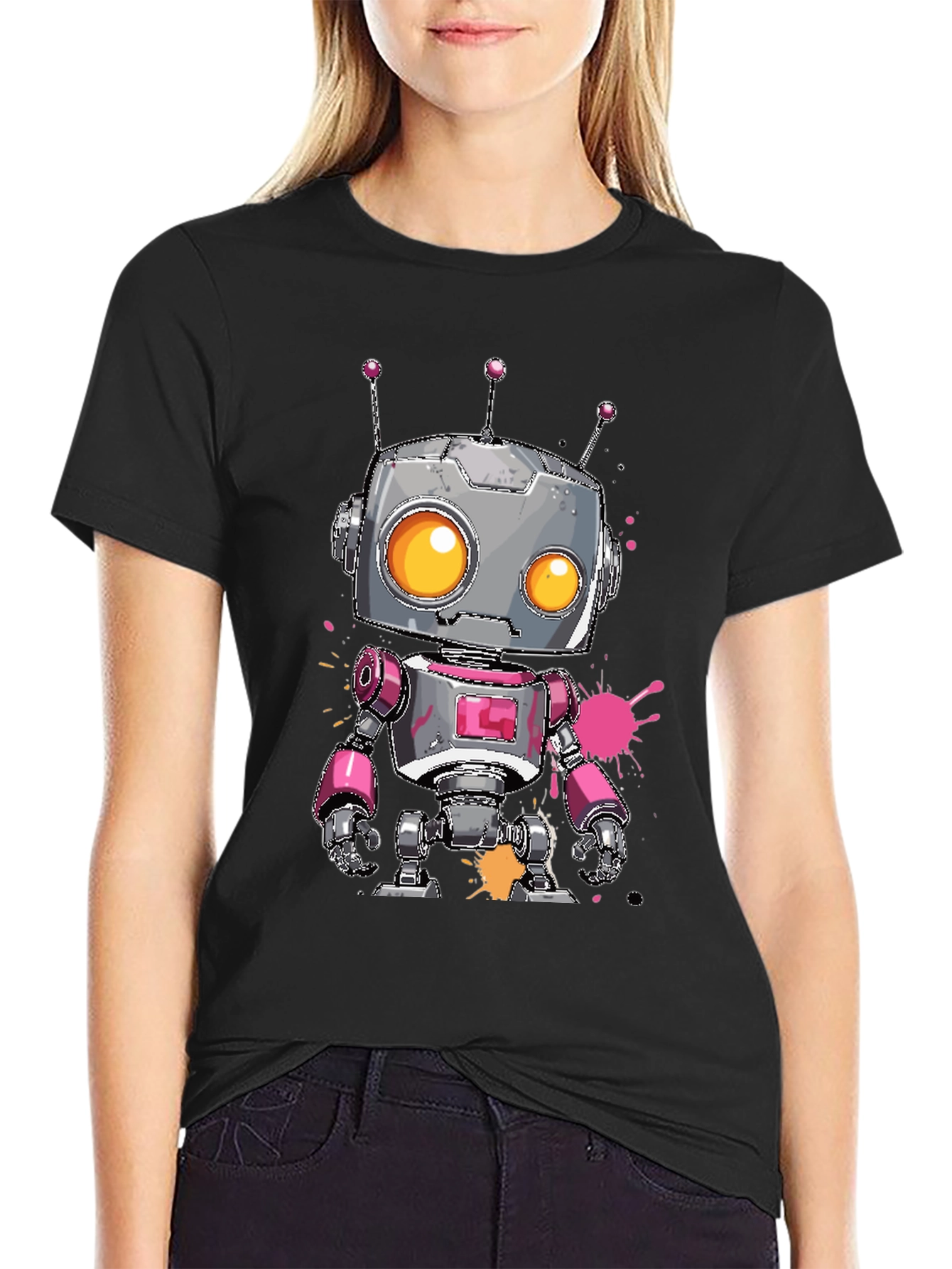 Black Robot Graphic Tee - Cool Cartoon Robot Design view 2