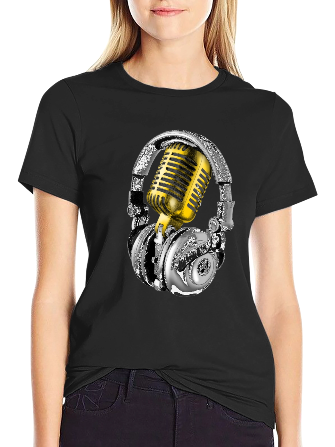 Black Headphones & Mic Graphic Tee view 2