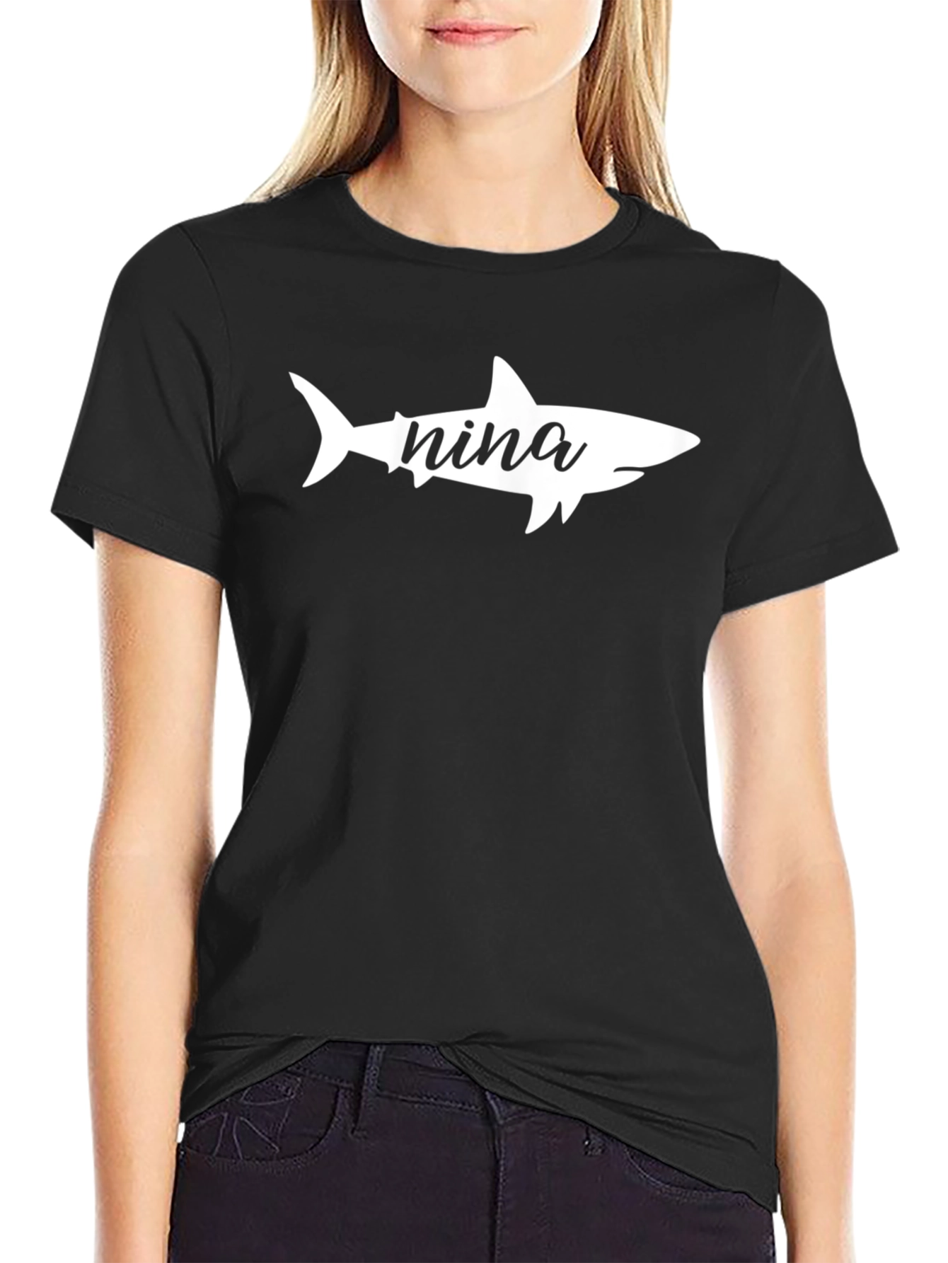 Black Nina Shark Graphic Tee - Black Cotton T-Shirt view 2