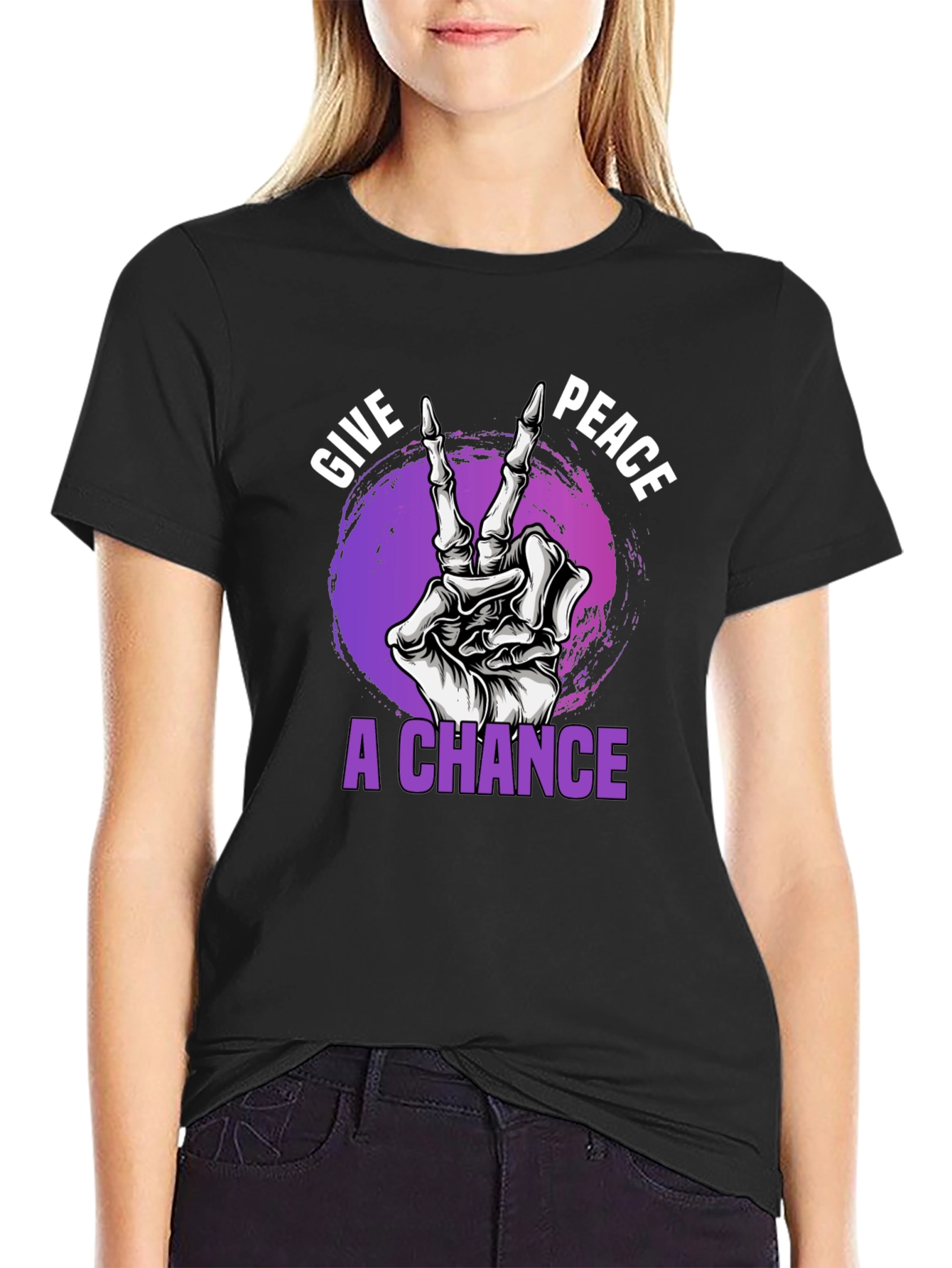 Black Give Peace A Chance Skeleton Hand Graphic T-Shirt view 2