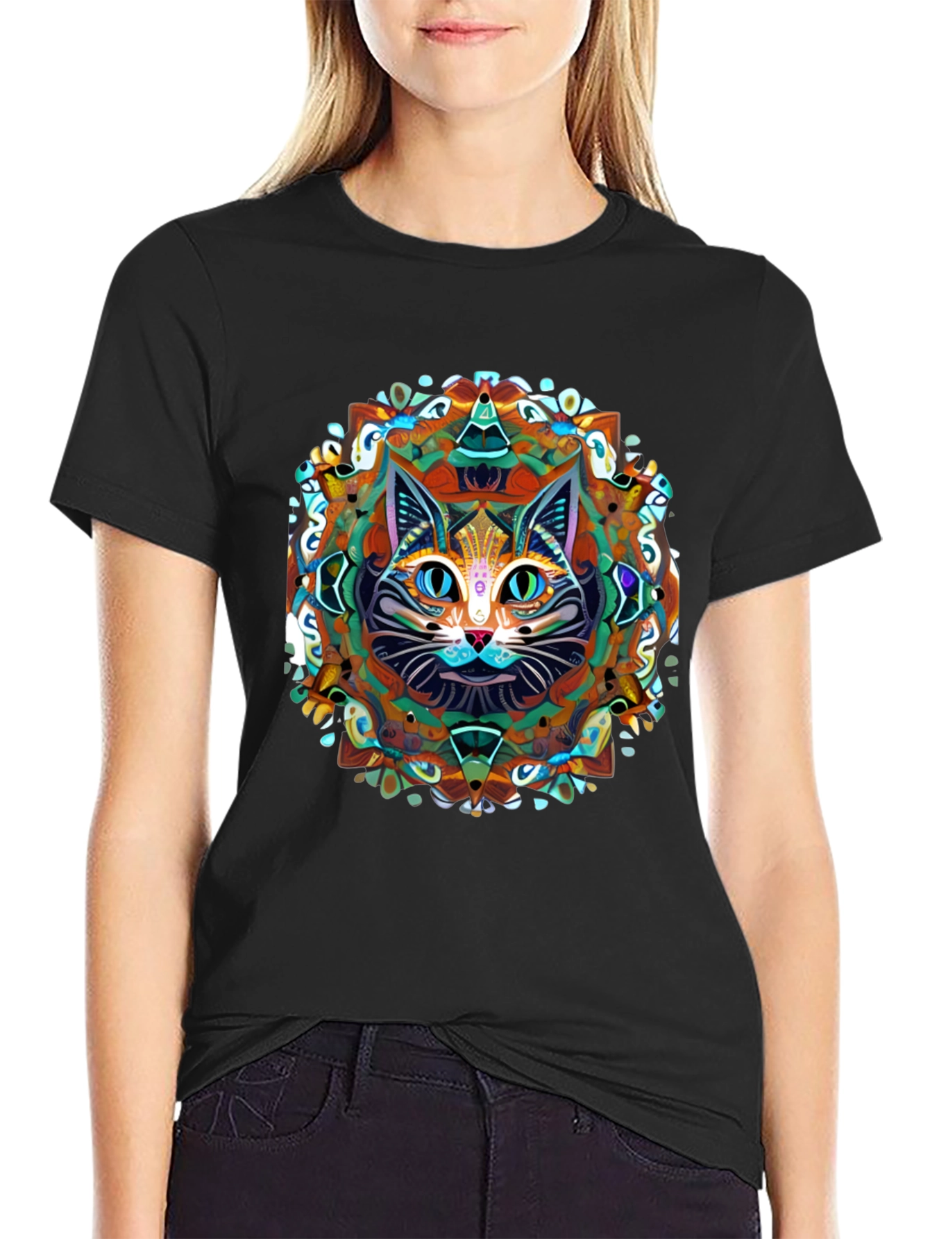 Black Psychedelic Cat Mandala T-Shirt view 2