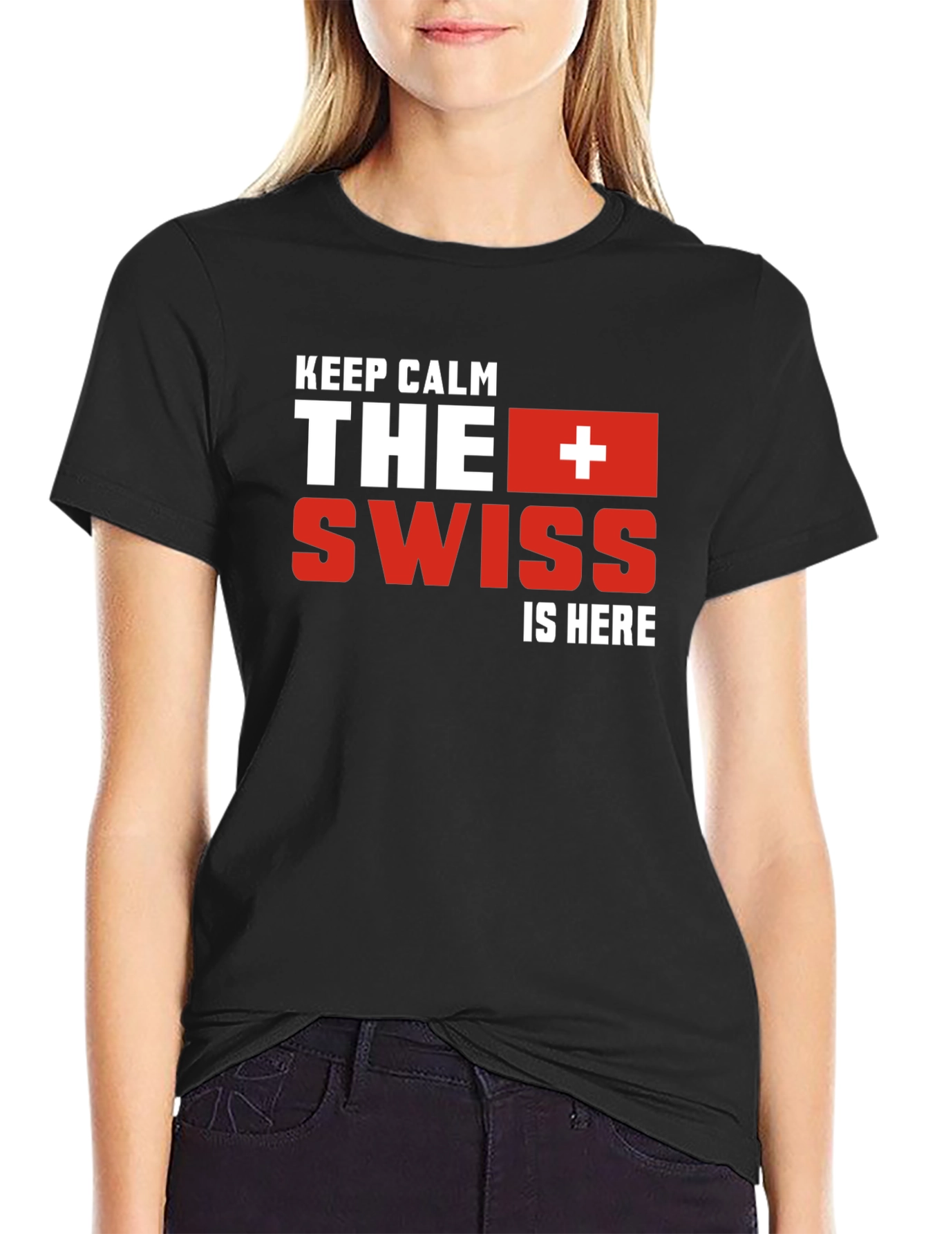 Black Keep Calm The Swiss Is Here Black T-Shirt view 2