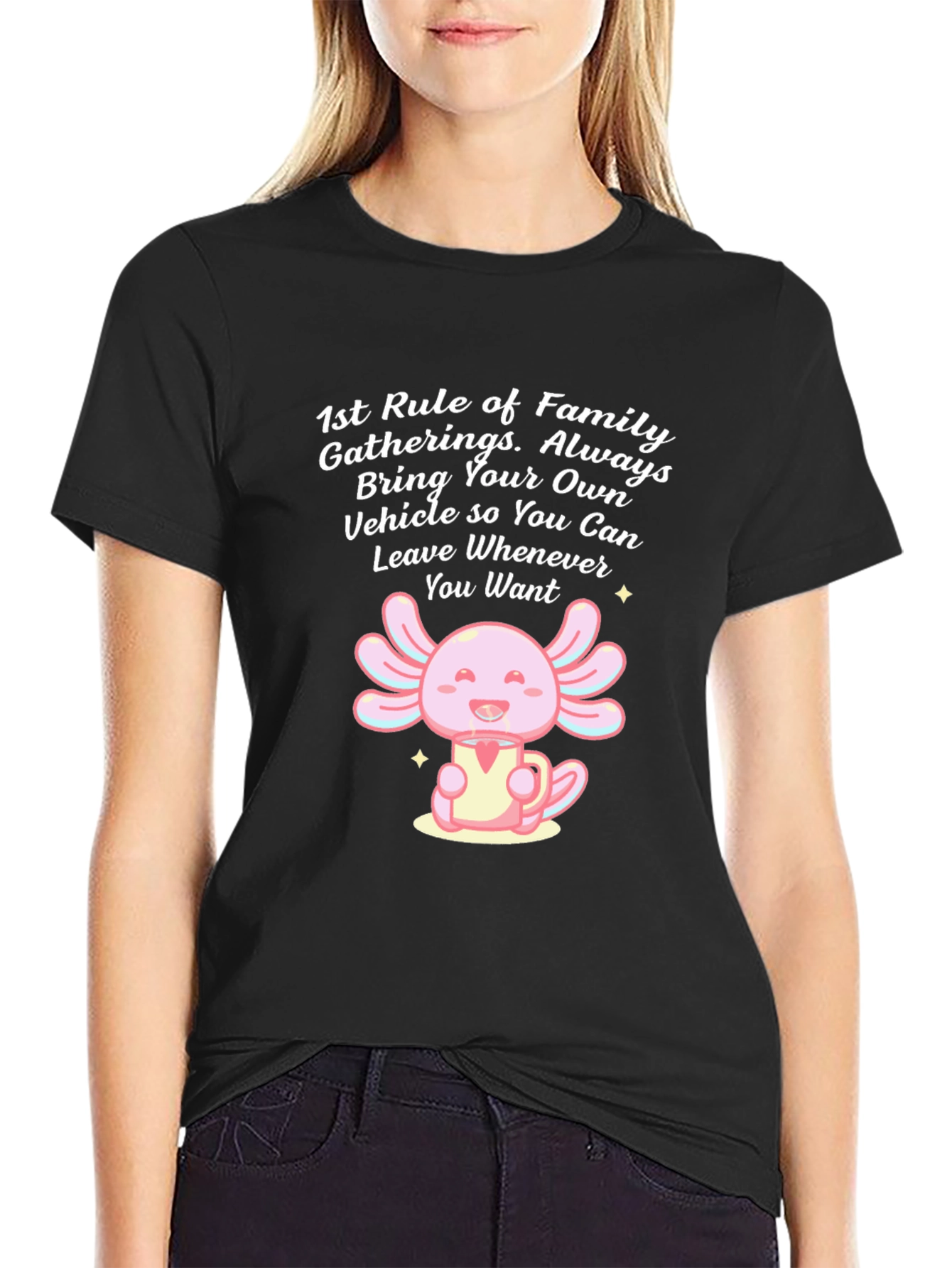 Black Funny Axolotl Family Gathering T-Shirt view 2
