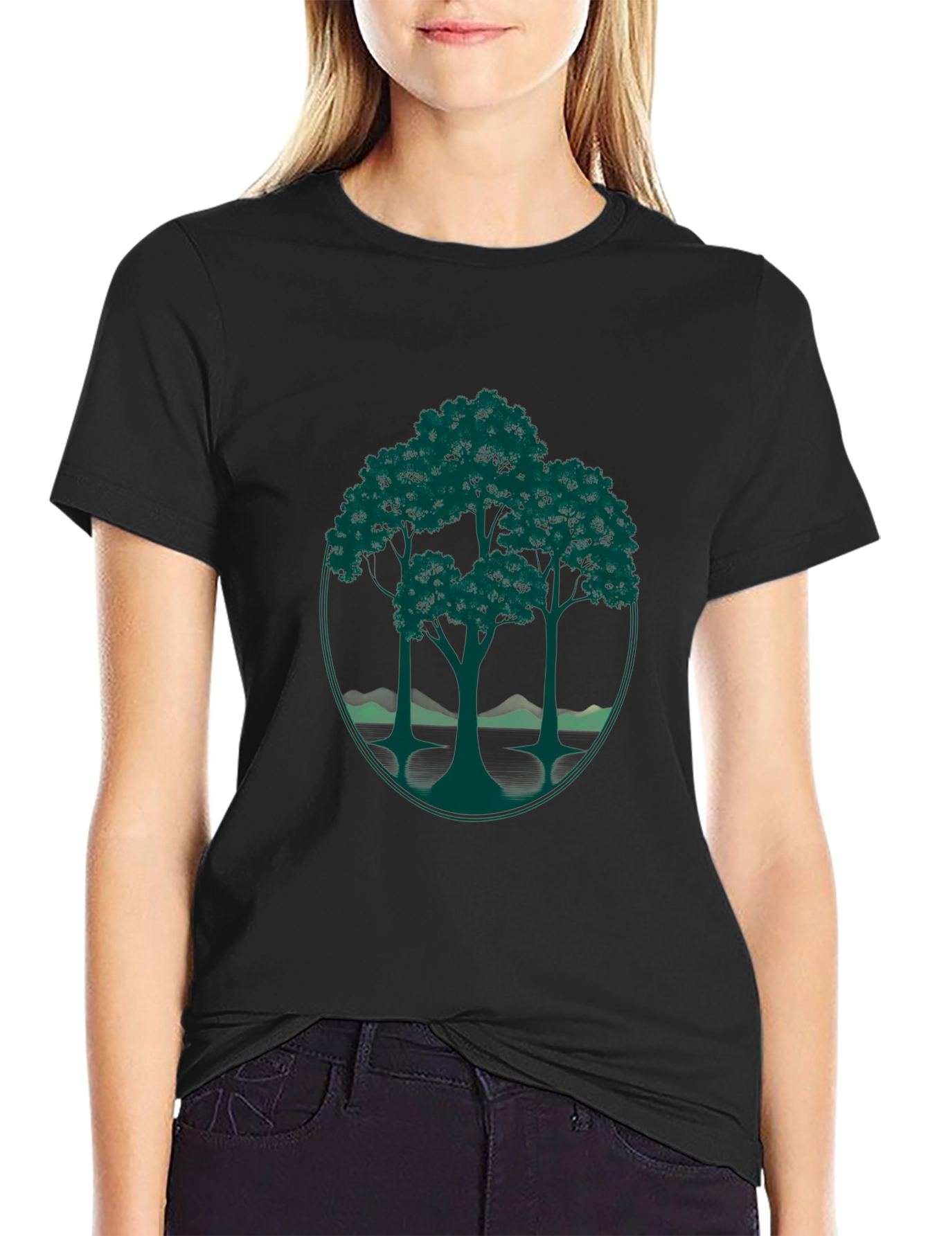 Black Nature-Inspired Black T-Shirt with Tree Graphic view 2