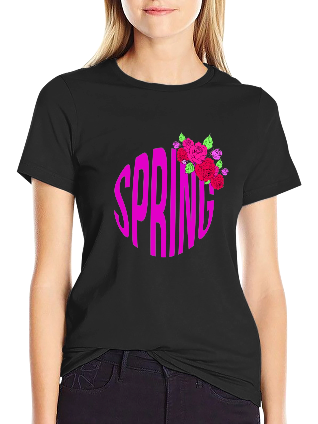 Black Spring Roses Graphic Tee - Black Cotton T-Shirt view 2