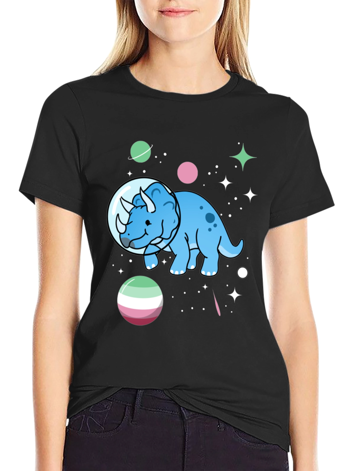 Black Dino in Space T-Shirt - Triceratops Astronaut view 2