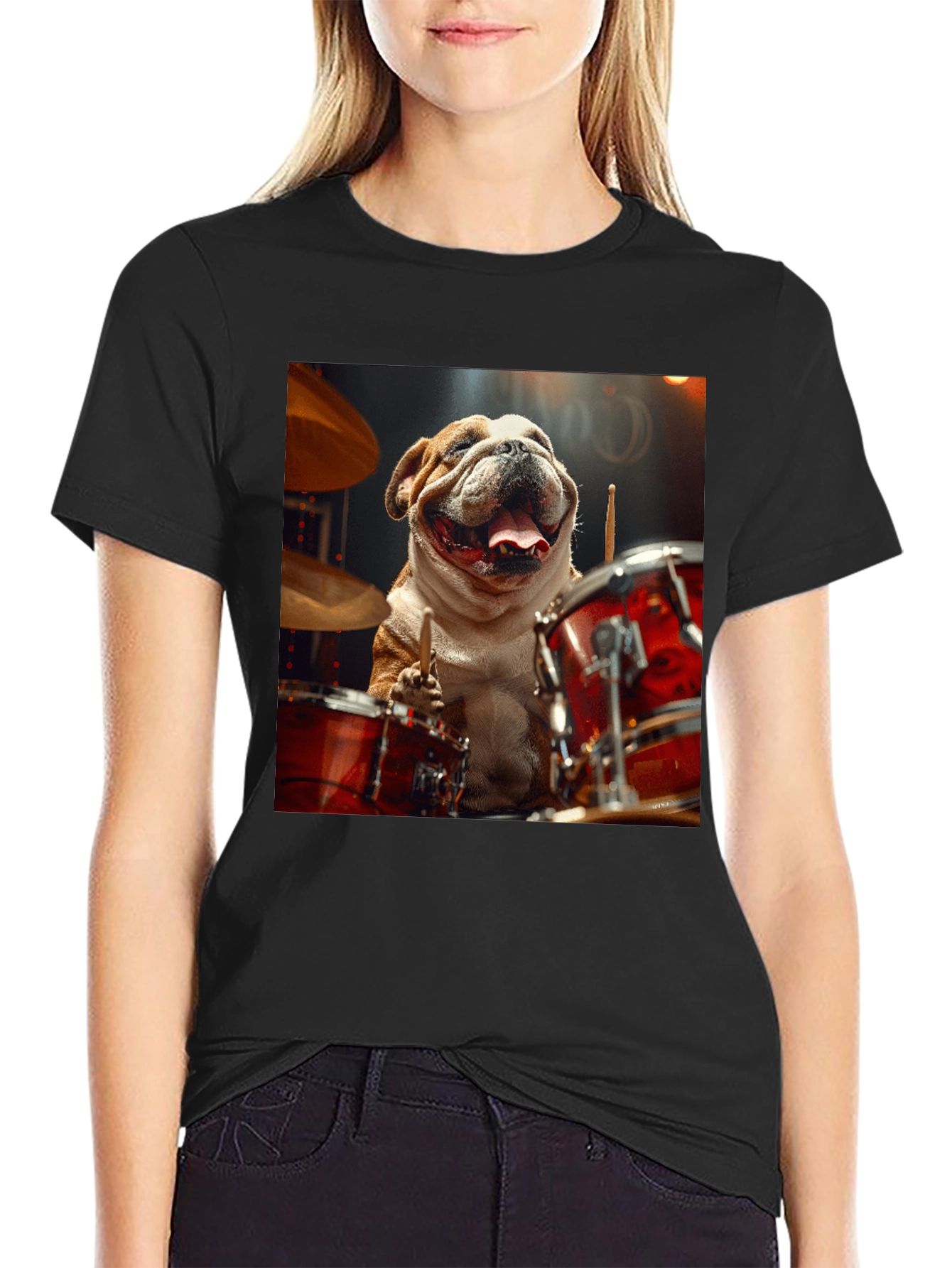 Black Bulldog Drummer Graphic Tee - Black Cotton T-Shirt view 2