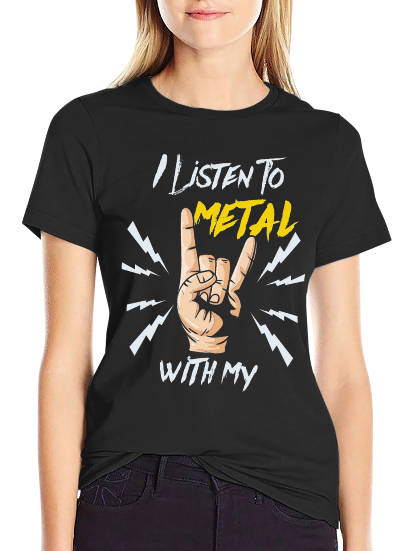 Metal Music T-Shirt - I Listen To Metal Hand Gesture Rock Graphic - 2