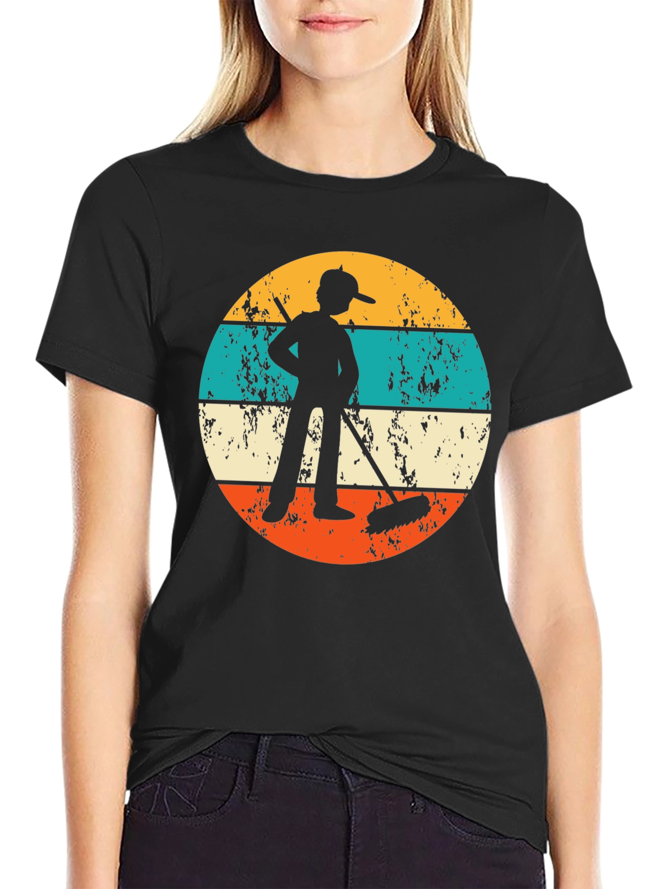 Black Vintage Sweeper Tee - Retro Janitor Graphic T-Shirt view 2