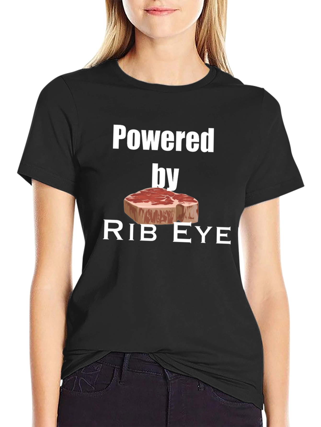 Black Powered by Rib Eye Steak T-Shirt - Funny Meat Lover Tee view 2