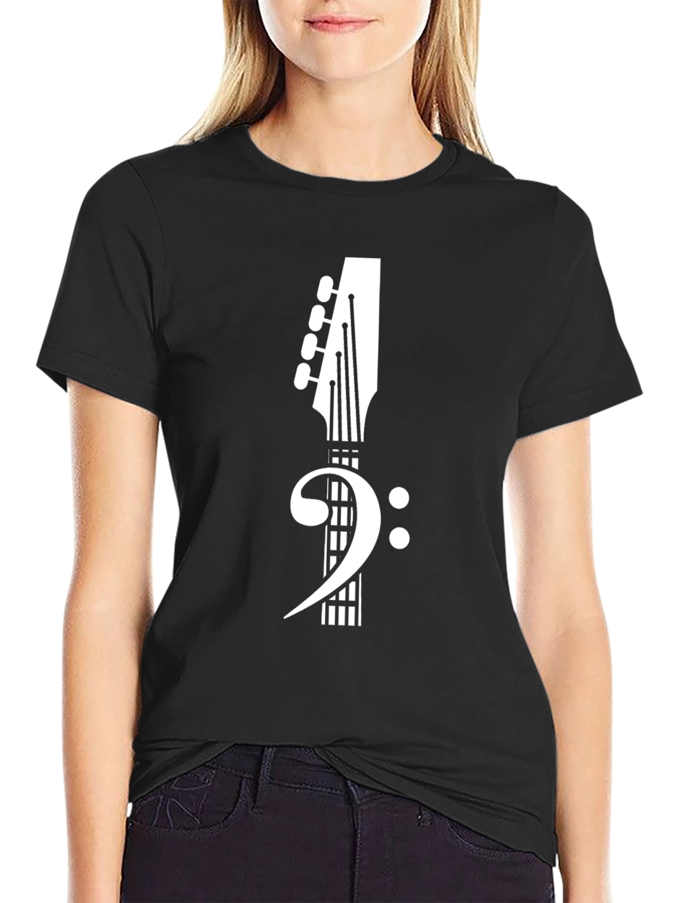 Black Bass Clef Guitar Tee - Music Lover's T-Shirt view 2