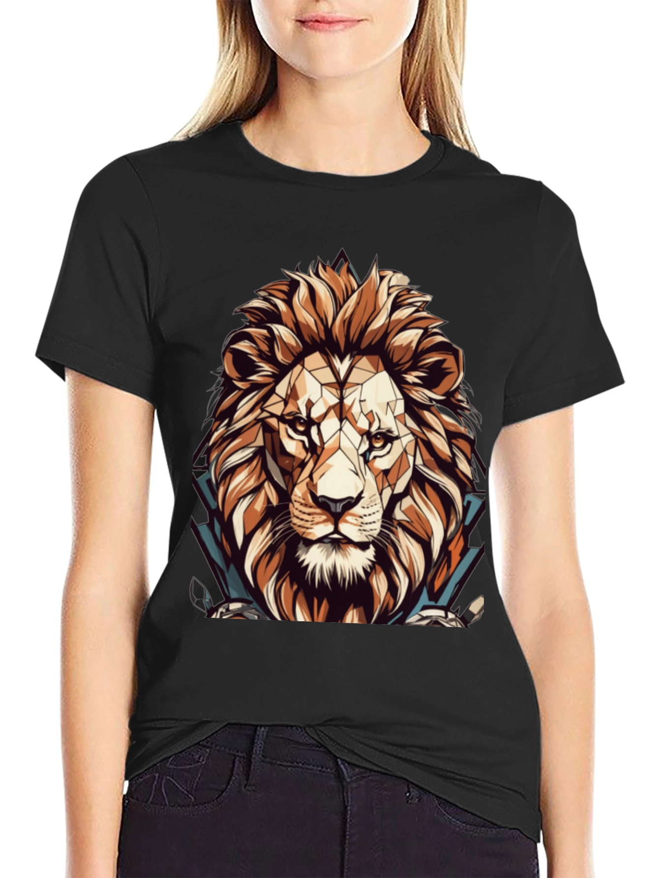 Black Geometric Lion Graphic Black T-Shirt view 2