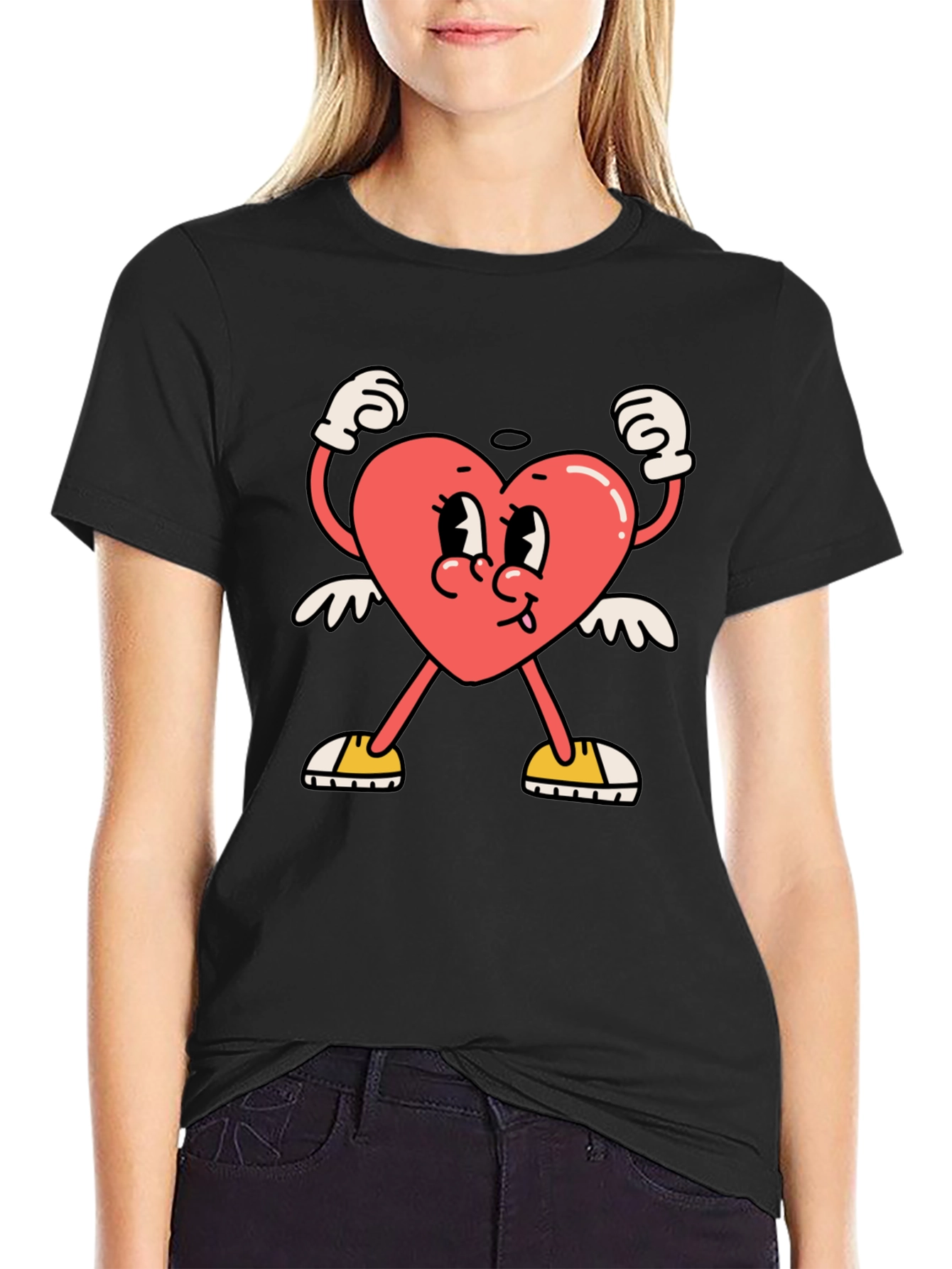 Black Heart Character Graphic Tee - Black Cotton T-Shirt view 2