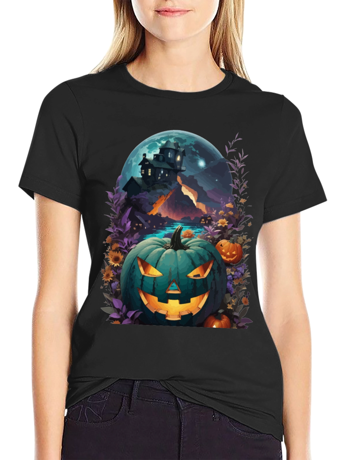 Black Halloween Pumpkin House T-Shirt view 2