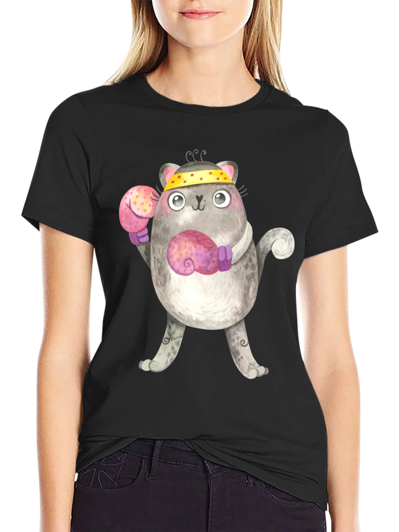 Black Funny Boxing Cat T-Shirt view 2