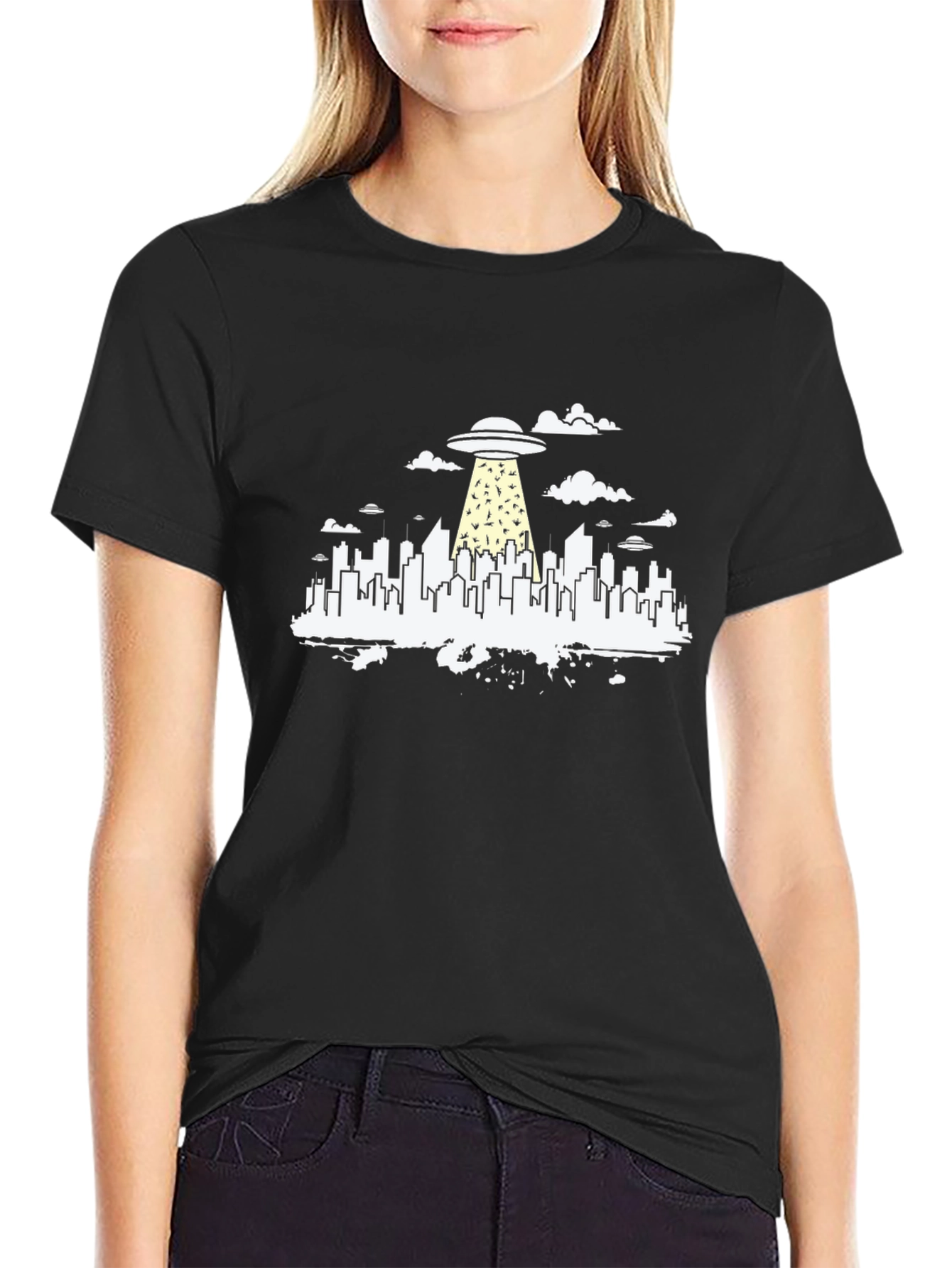 Black UFO Abduction Cityscape Graphic Tee view 2