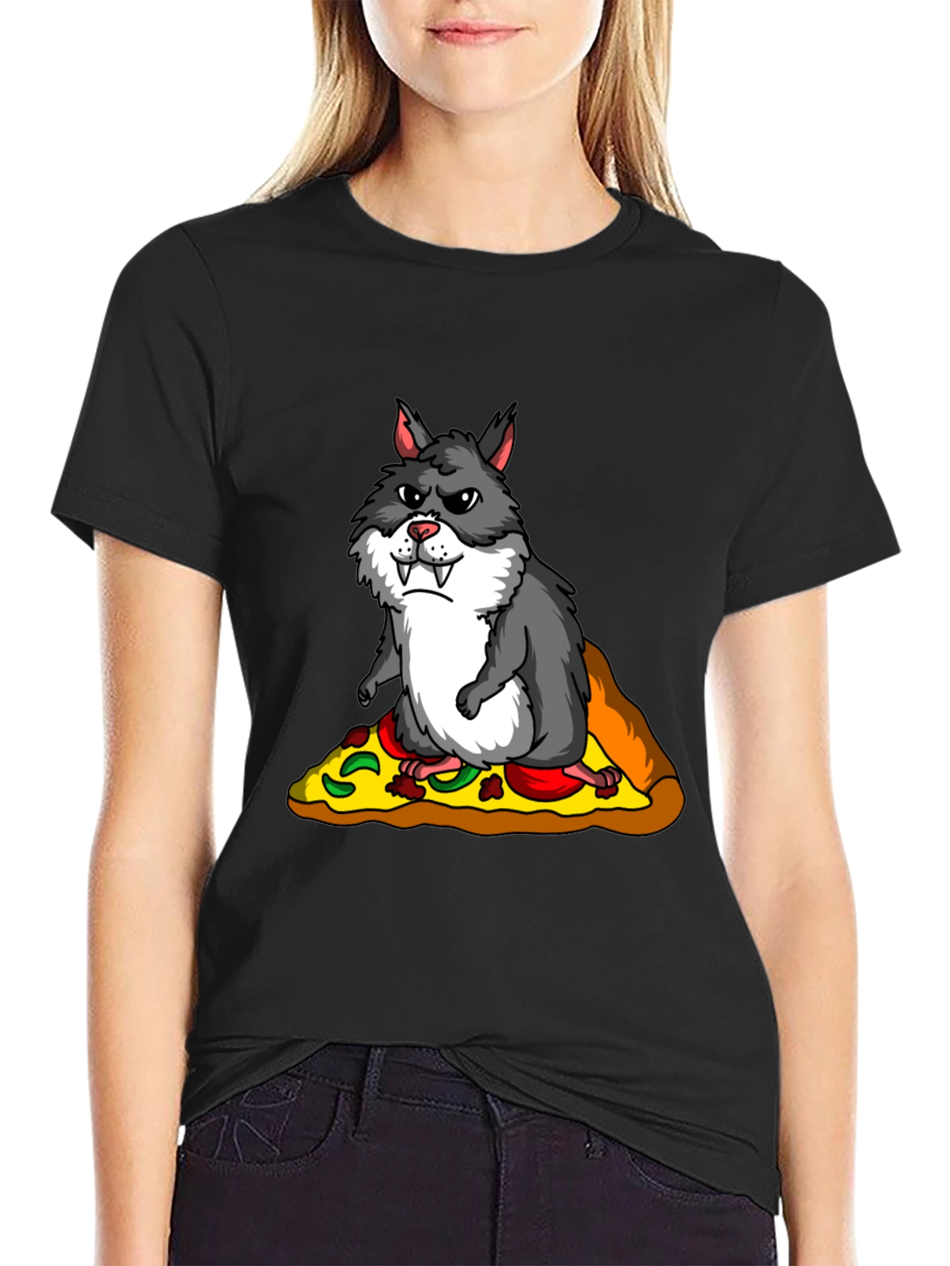 Black Wolf Hamster Pizza T-Shirt - Funny Graphic Tee view 2