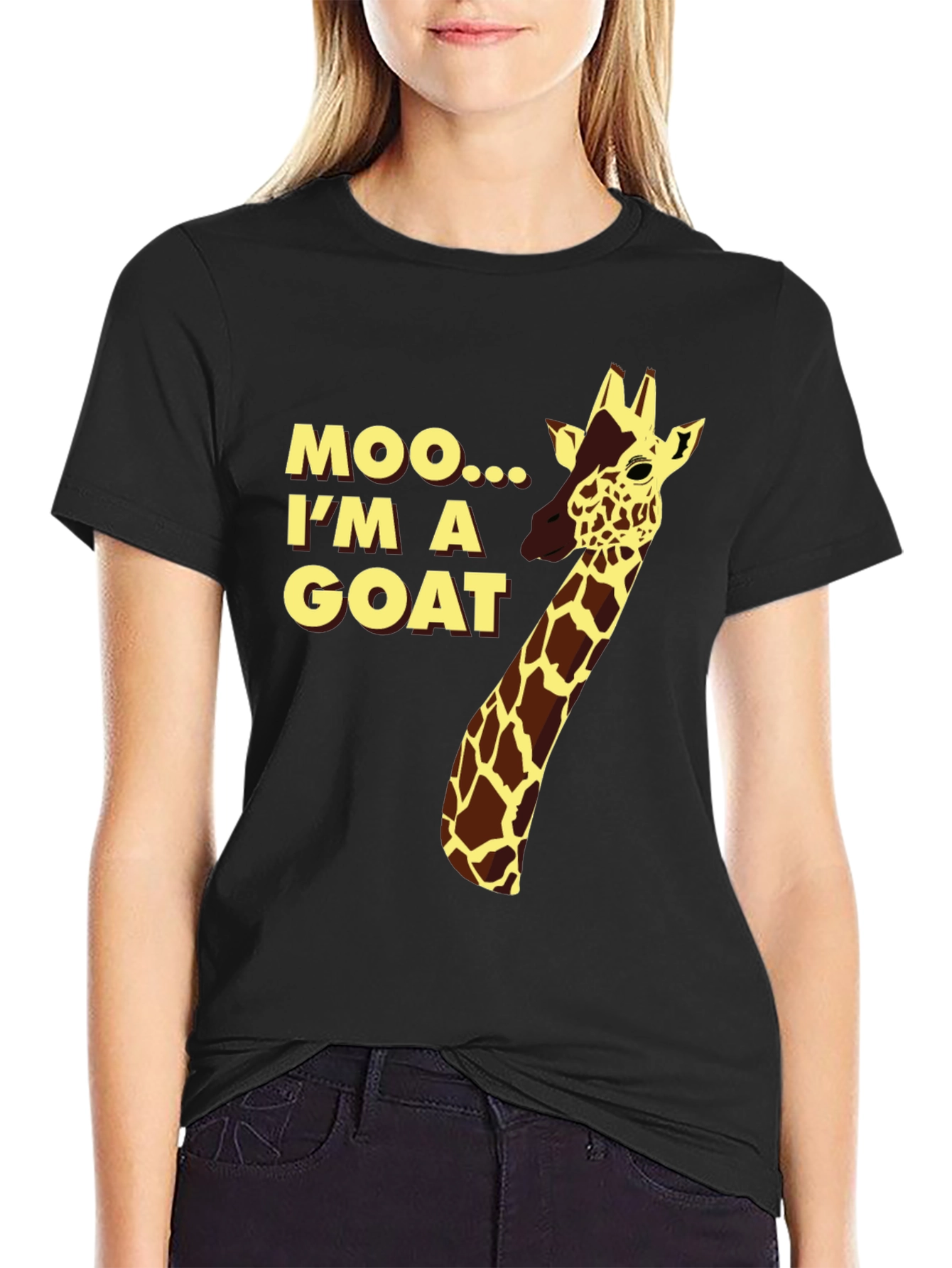 Black Funny Giraffe "Moo I'm a Goat" Black T-Shirt view 2