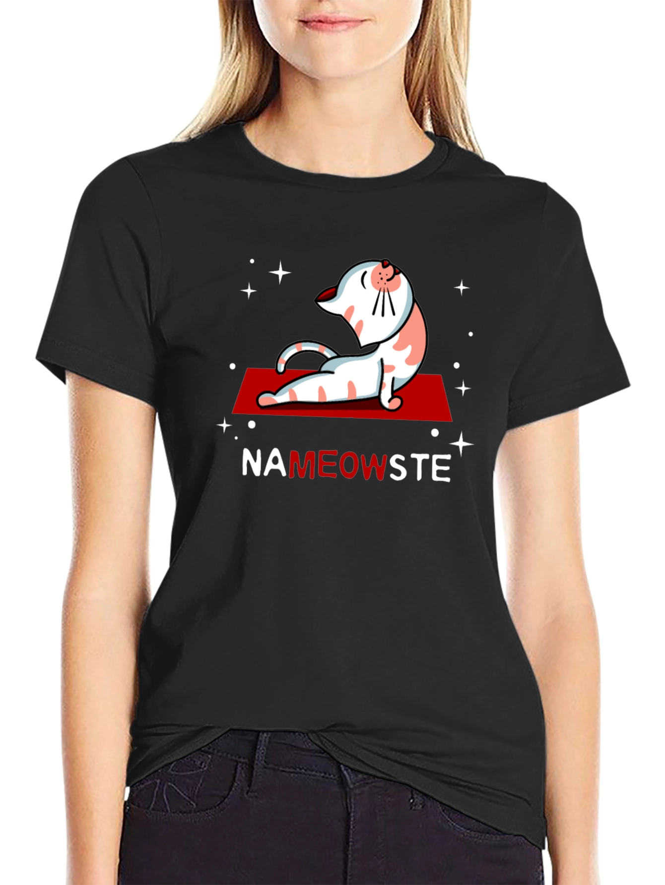 Black NaMEOWste Cat Yoga T-Shirt - Black Cotton Tee view 2