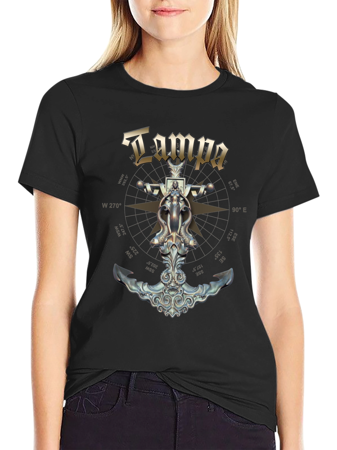 Black Tampa Nautical Anchor Compass T-Shirt view 2