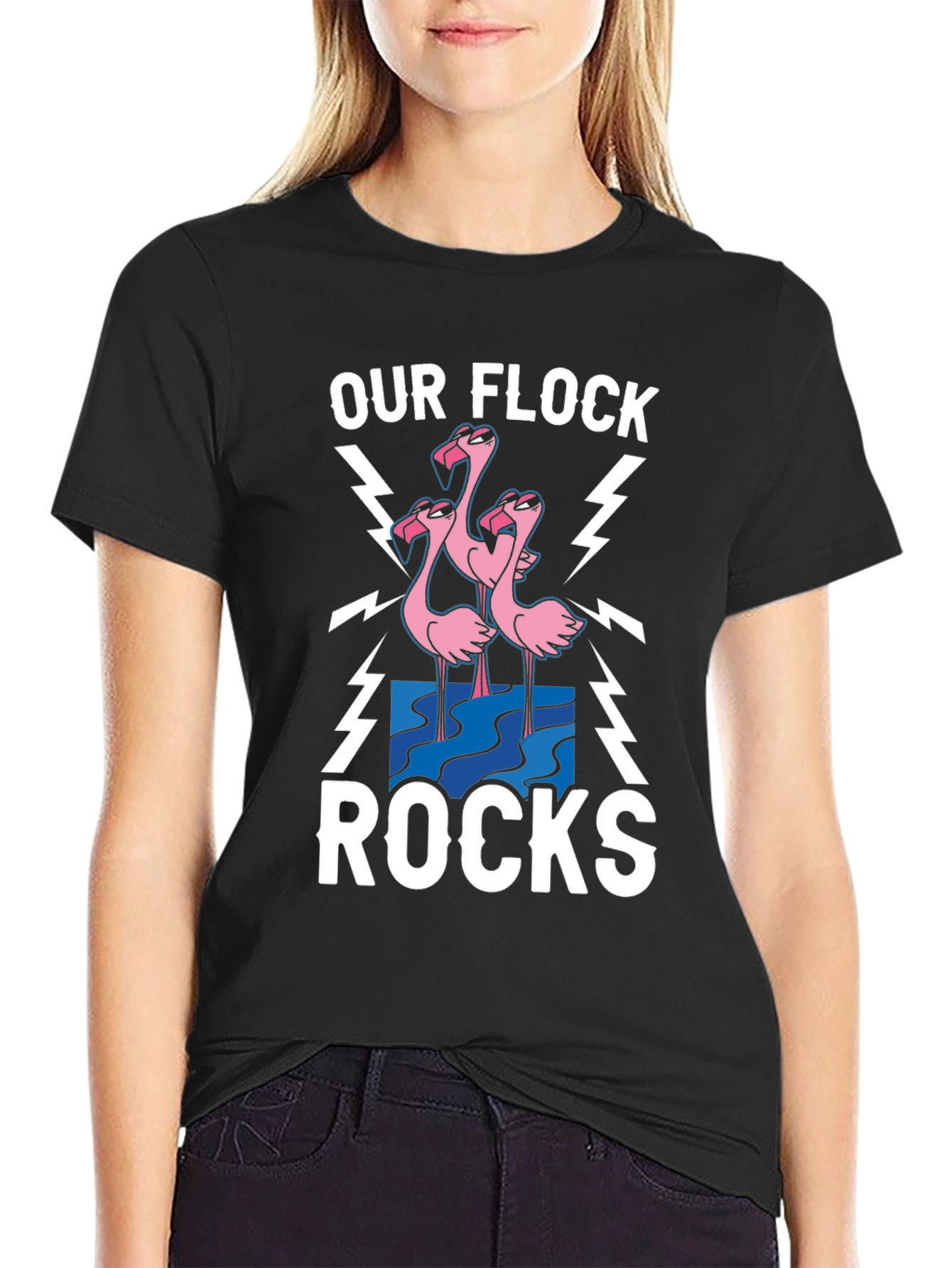 Black Our Flock Rocks T-Shirt - Pink Flamingo Design view 2
