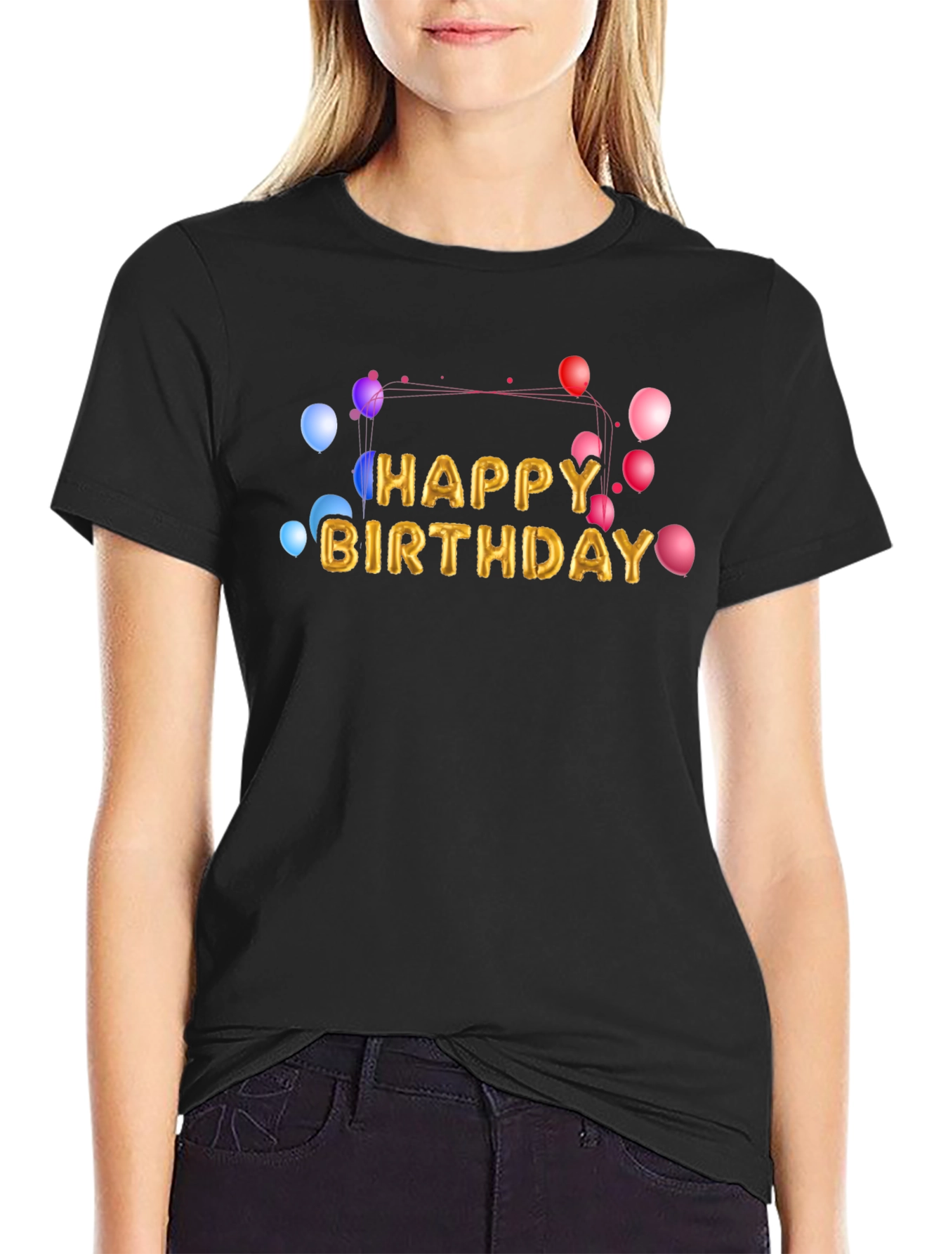 Black Happy Birthday Balloon Text Graphic Black T-Shirt view 2