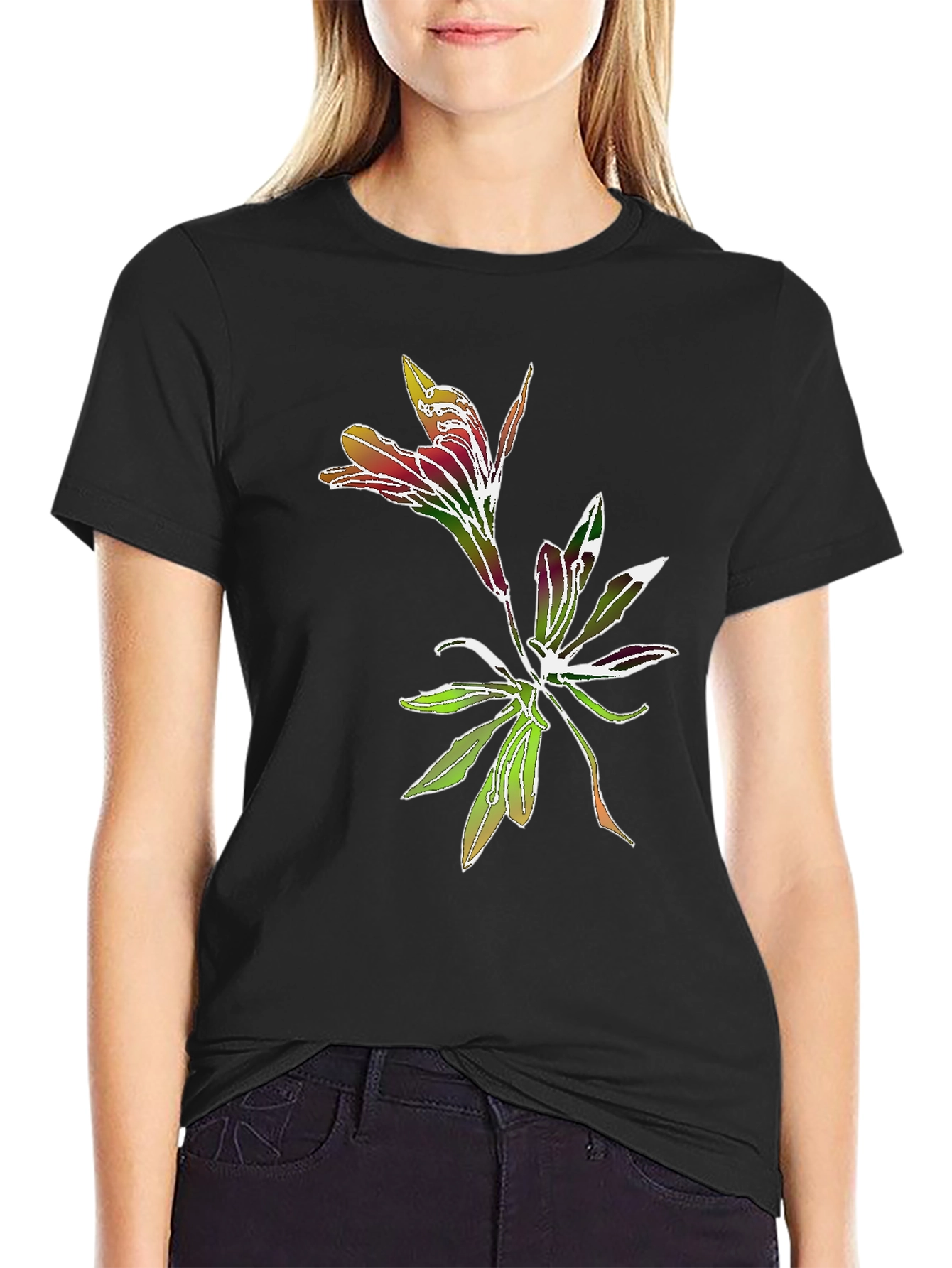 Black Floral Graphic Tee - Stylish Botanical Print view 2