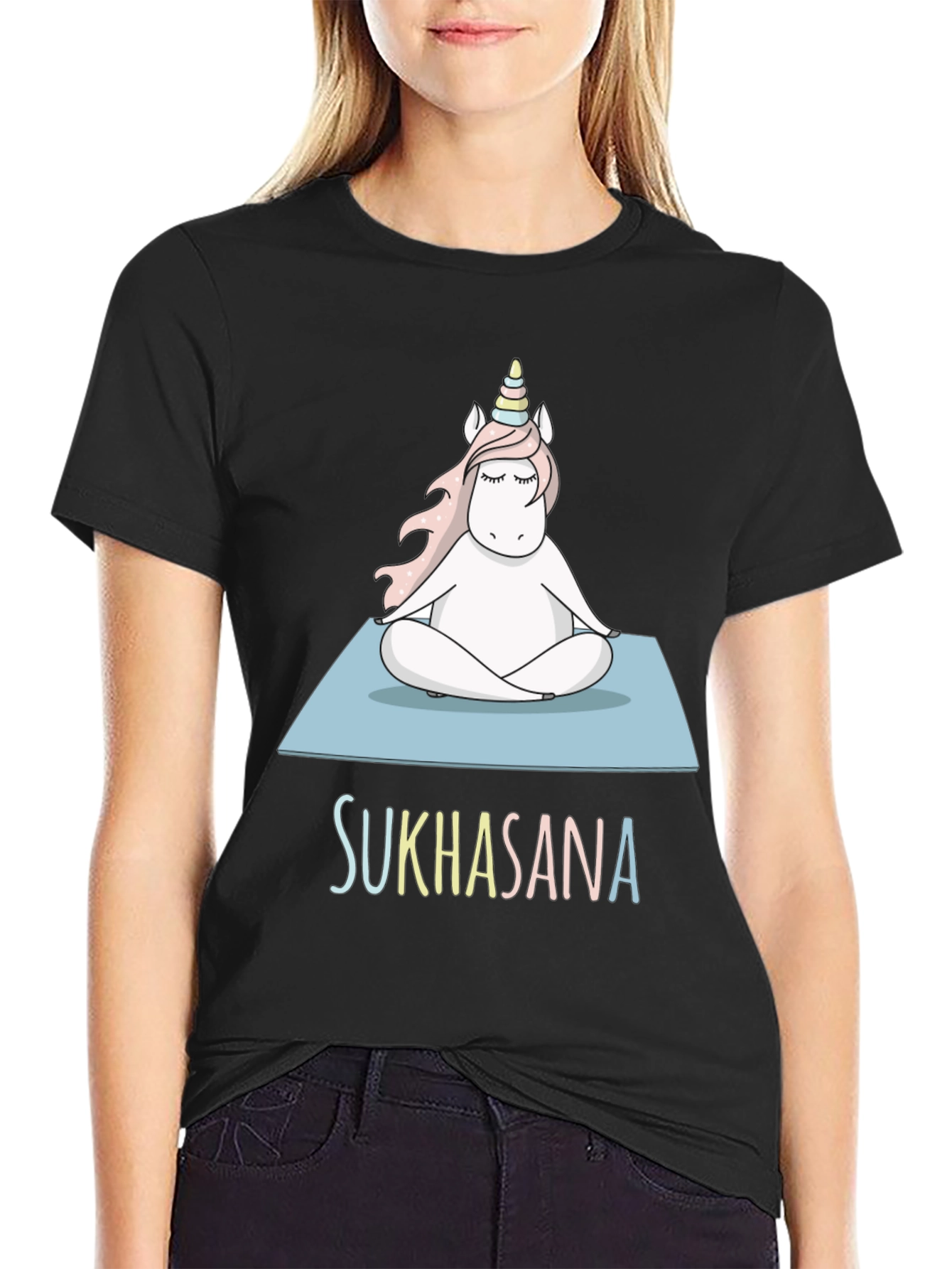 Black Unicorn Sukhasana Yoga T-Shirt - Black Cotton Blend view 2