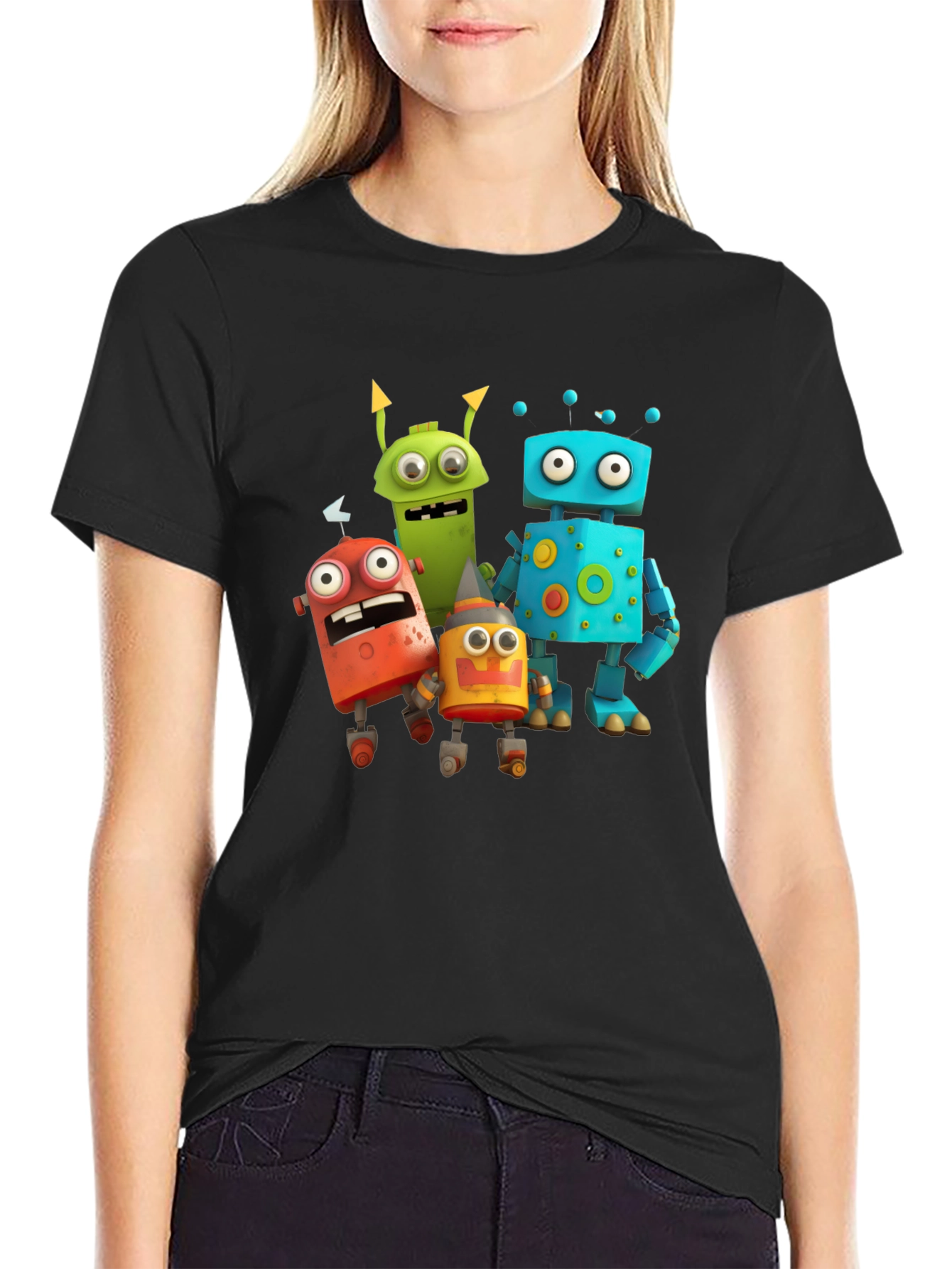 Black Robot Cartoon Graphic Black T-Shirt view 2