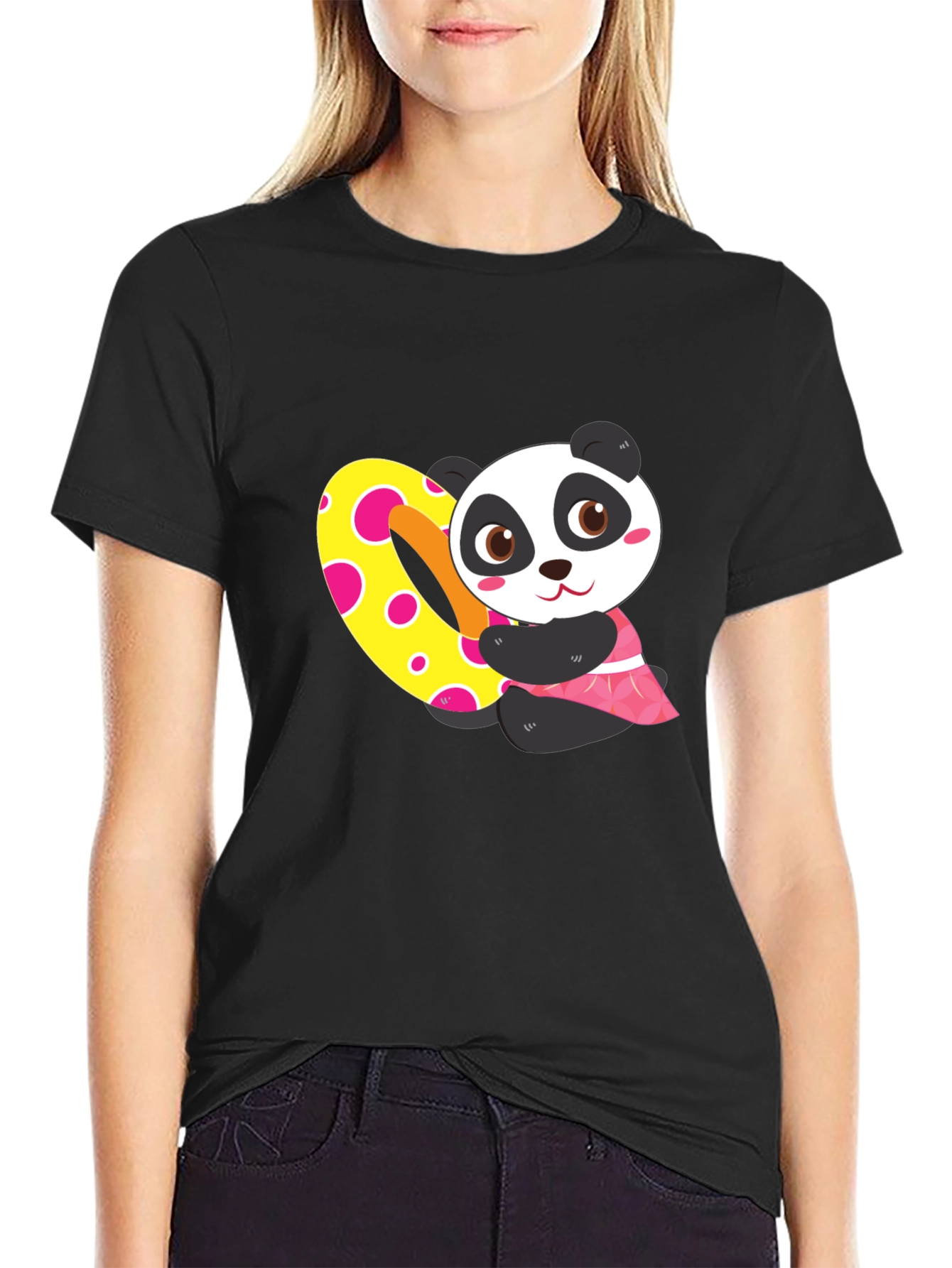 Black Cute Panda Heart Graphic Black T-Shirt view 2