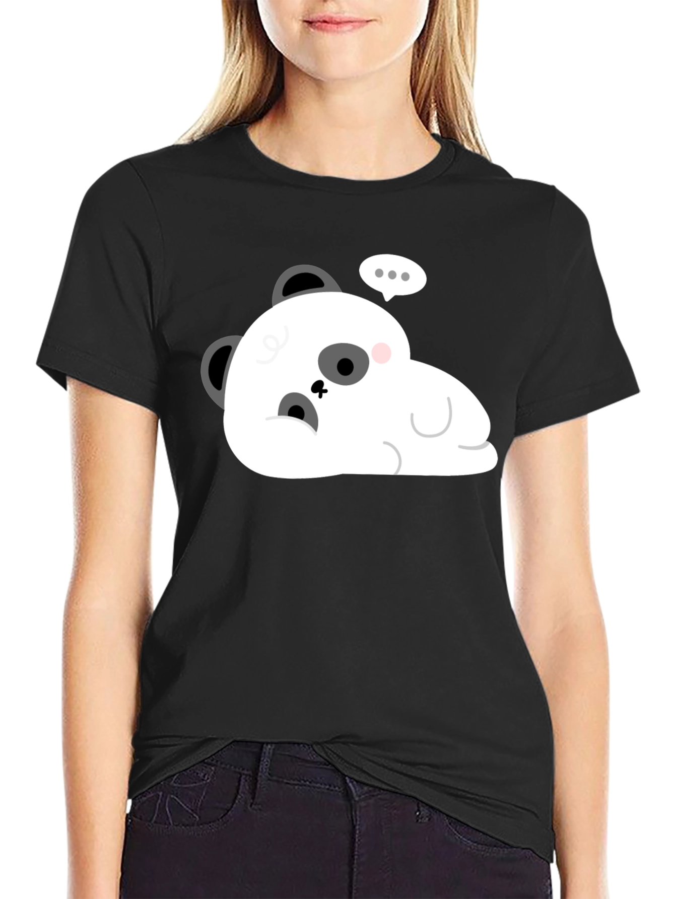 Black Cute Cartoon Panda Graphic T-Shirt - Black view 2
