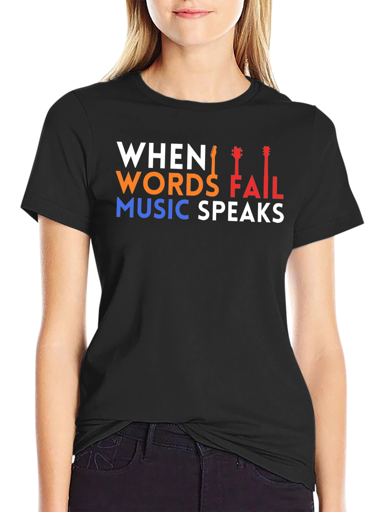 Black When Words Fail Music Speaks T-Shirt view 2