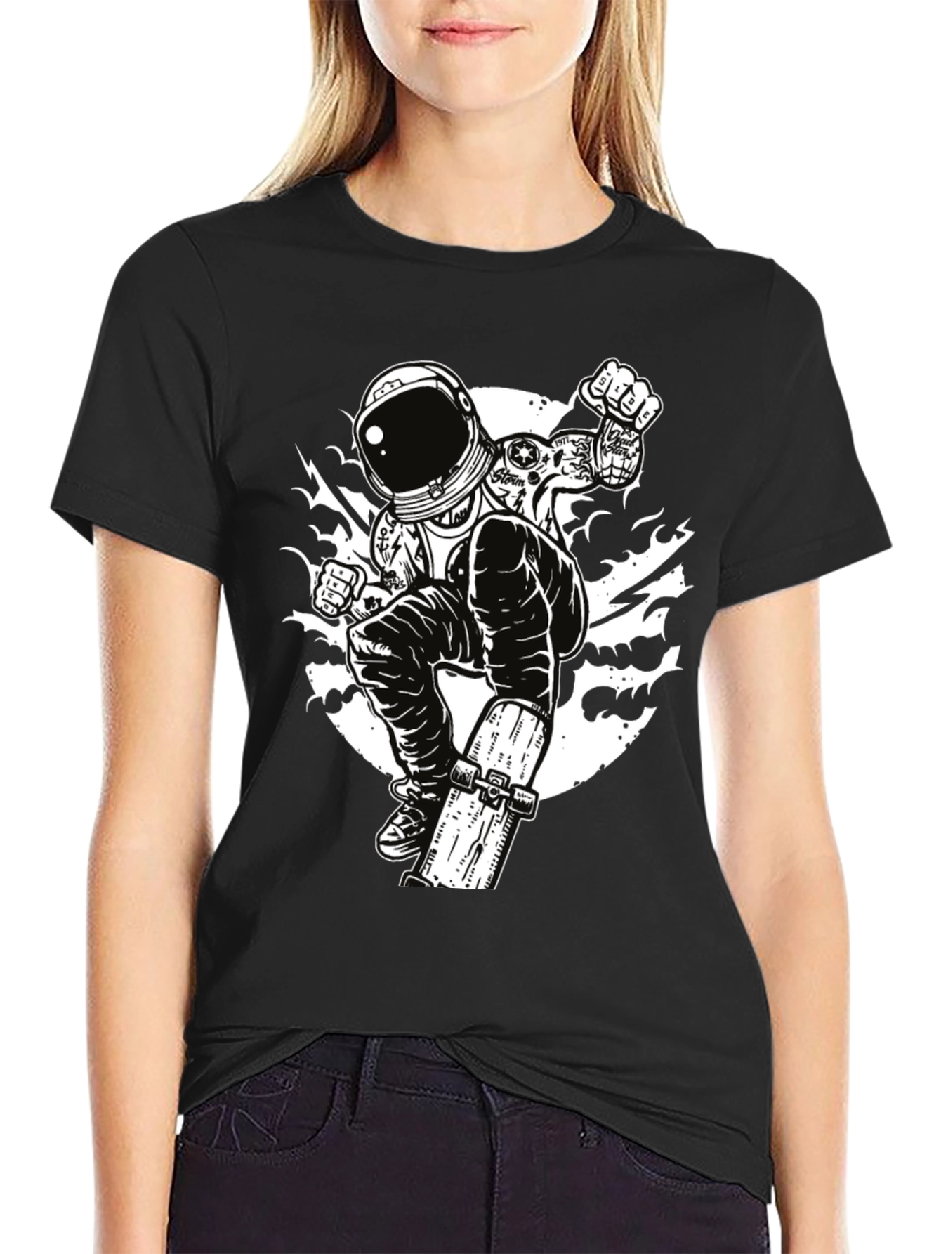 Black Astronaut Skateboarder Graphic Tee - Cool Black T-Shirt view 2