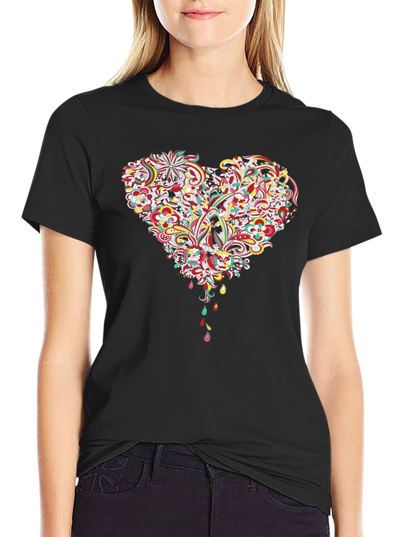 Black Floral Heart Graphic Tee - Black Cotton T-Shirt view 2