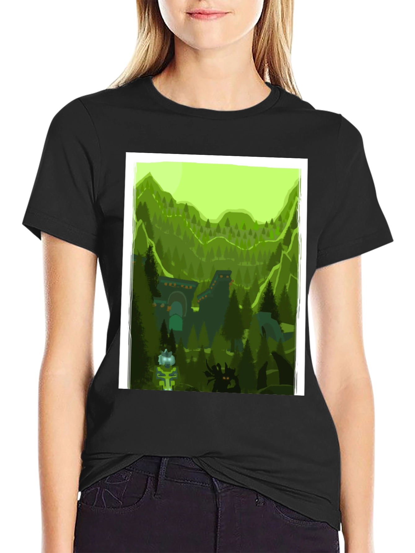 Black Forest Landscape Graphic Tee - Black Cotton T-Shirt view 2