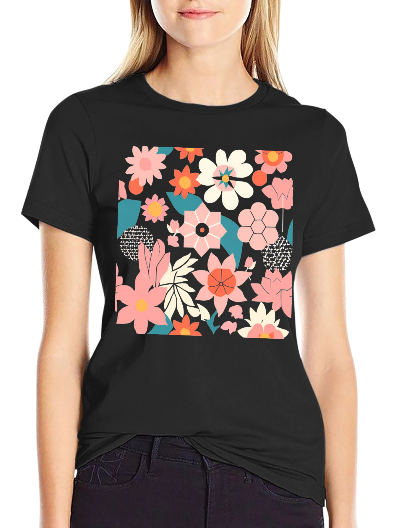 Black Floral Print Black T-Shirt view 2
