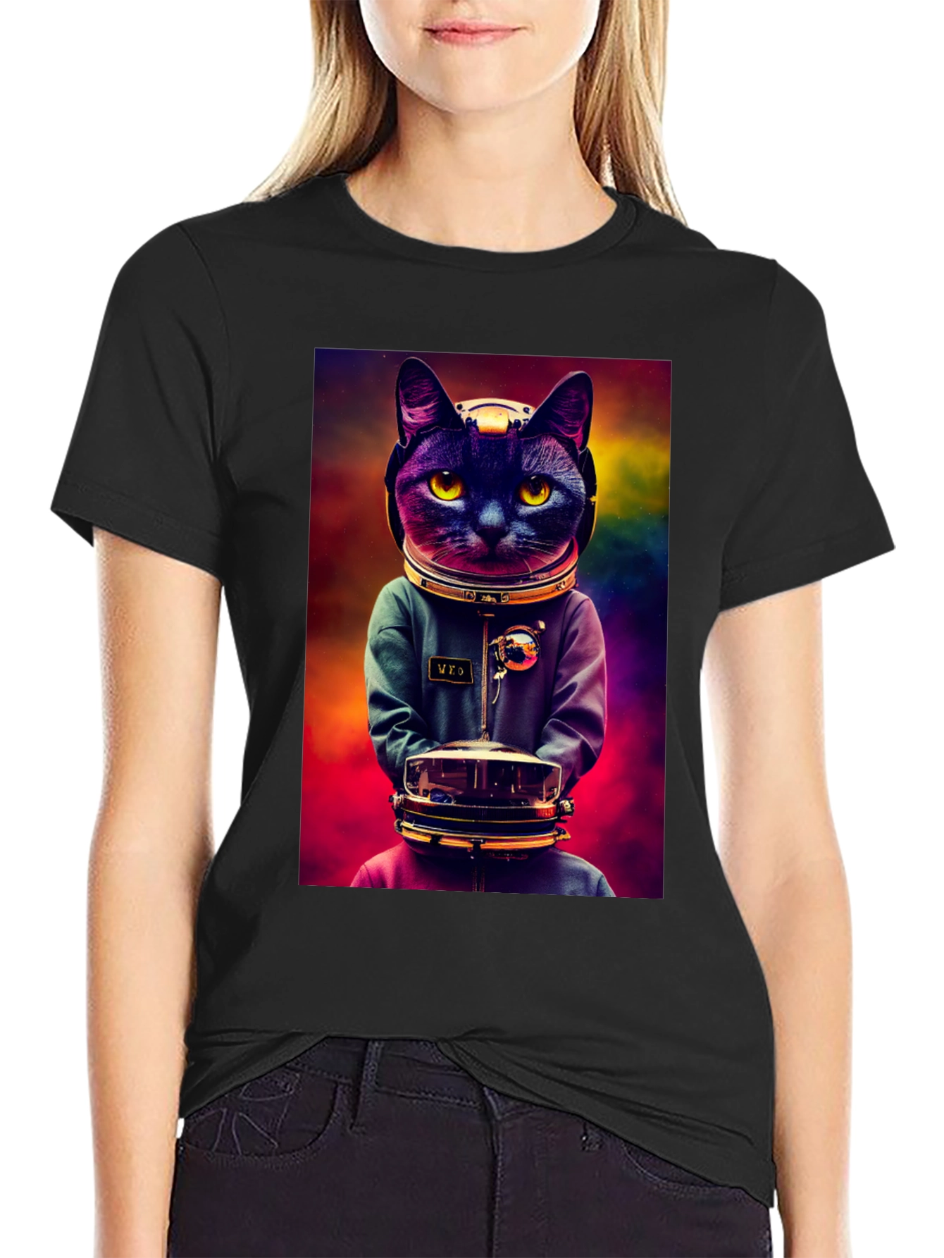 Black Astronaut Cat Graphic Tee - Space Kitten T-Shirt view 2